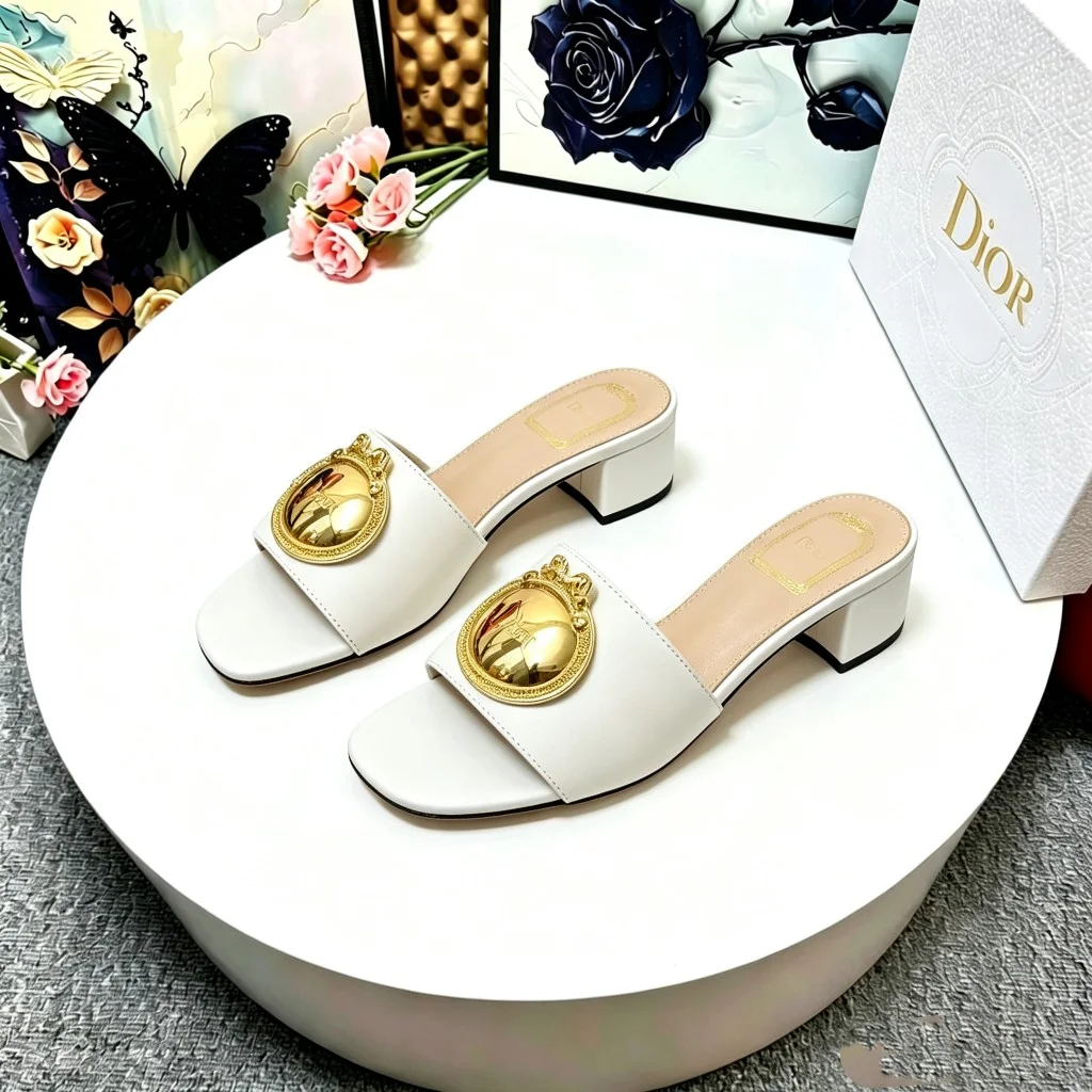 DIOR Slides Calfskin Leather White-Gold EU35-39 A70202609110917 - Image 2