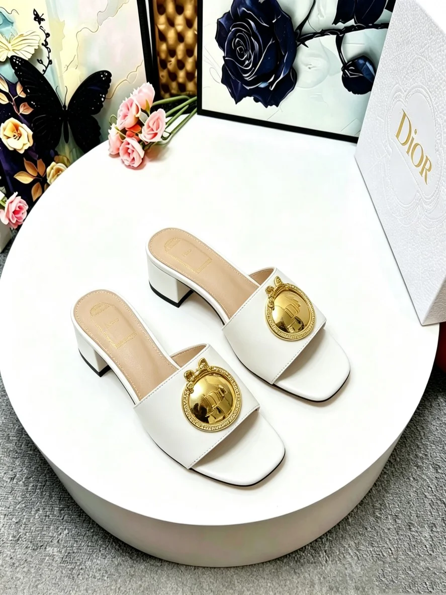 DIOR Slides Calfskin Leather White-Gold EU35-39 A70202609110917 - Image 3