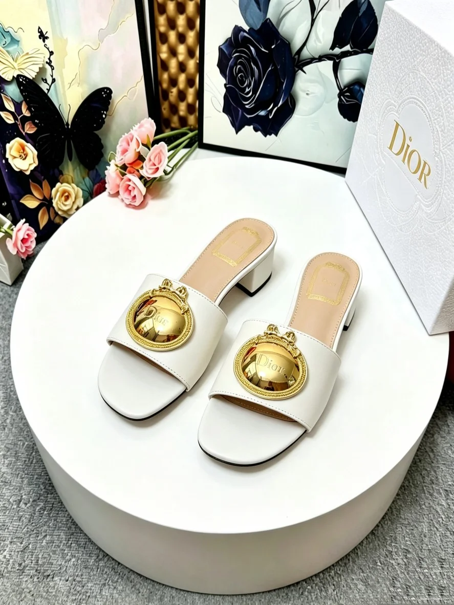 DIOR Slides Calfskin Leather White-Gold EU35-39 A70202609110917 - Image 4