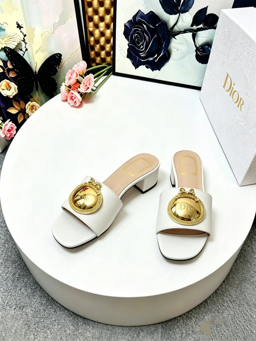 DIOR Slides Calfskin Leather White-Gold EU35-39 A70202609110917 - Image 5