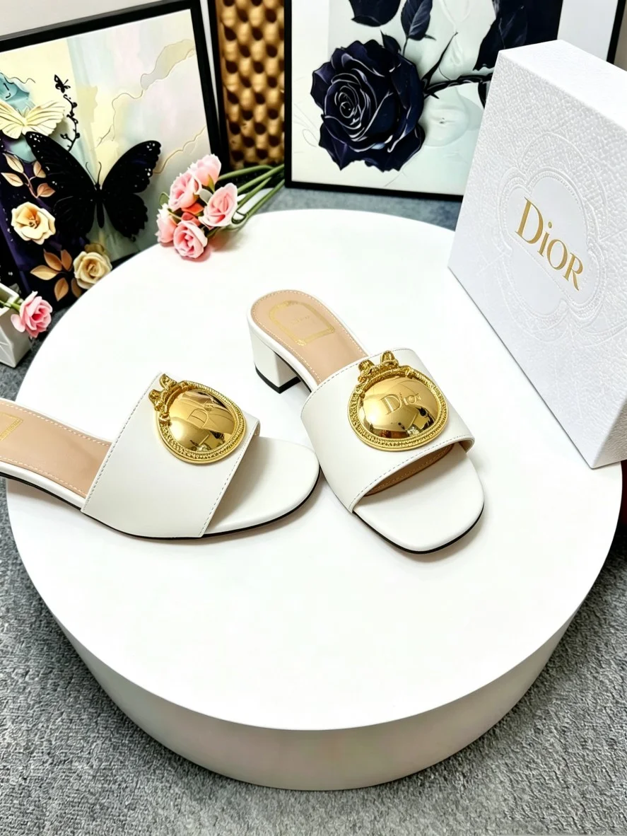 DIOR Slides Calfskin Leather White-Gold EU35-39 A70202609110917 - Image 6