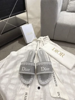 DIOR Slides Embroidered Cotton Leather Gray-White EU35-41 B20202609111767