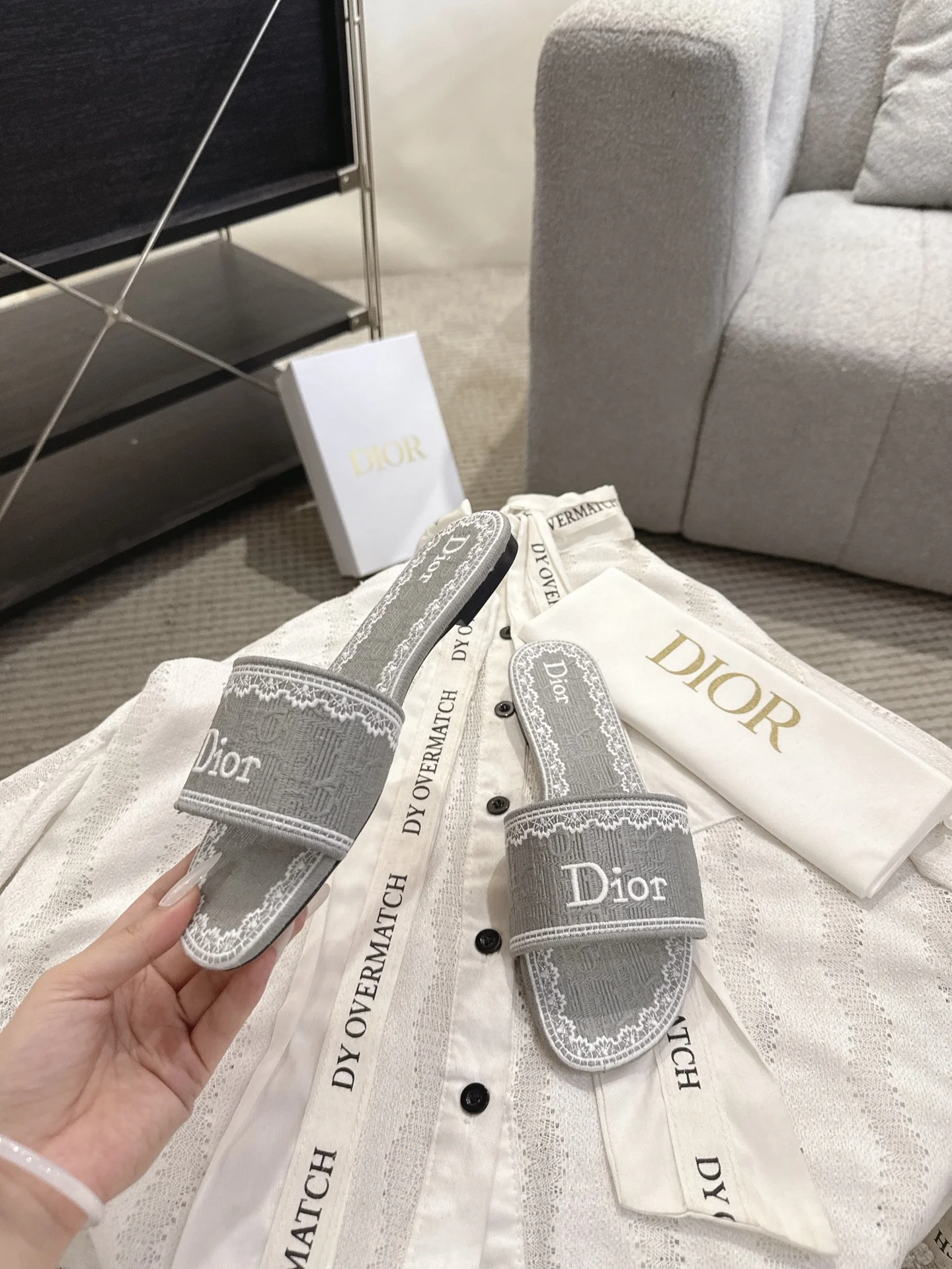 DIOR Slides Embroidered Cotton Leather Gray-White EU35-41 B20202609111767 - Image 3