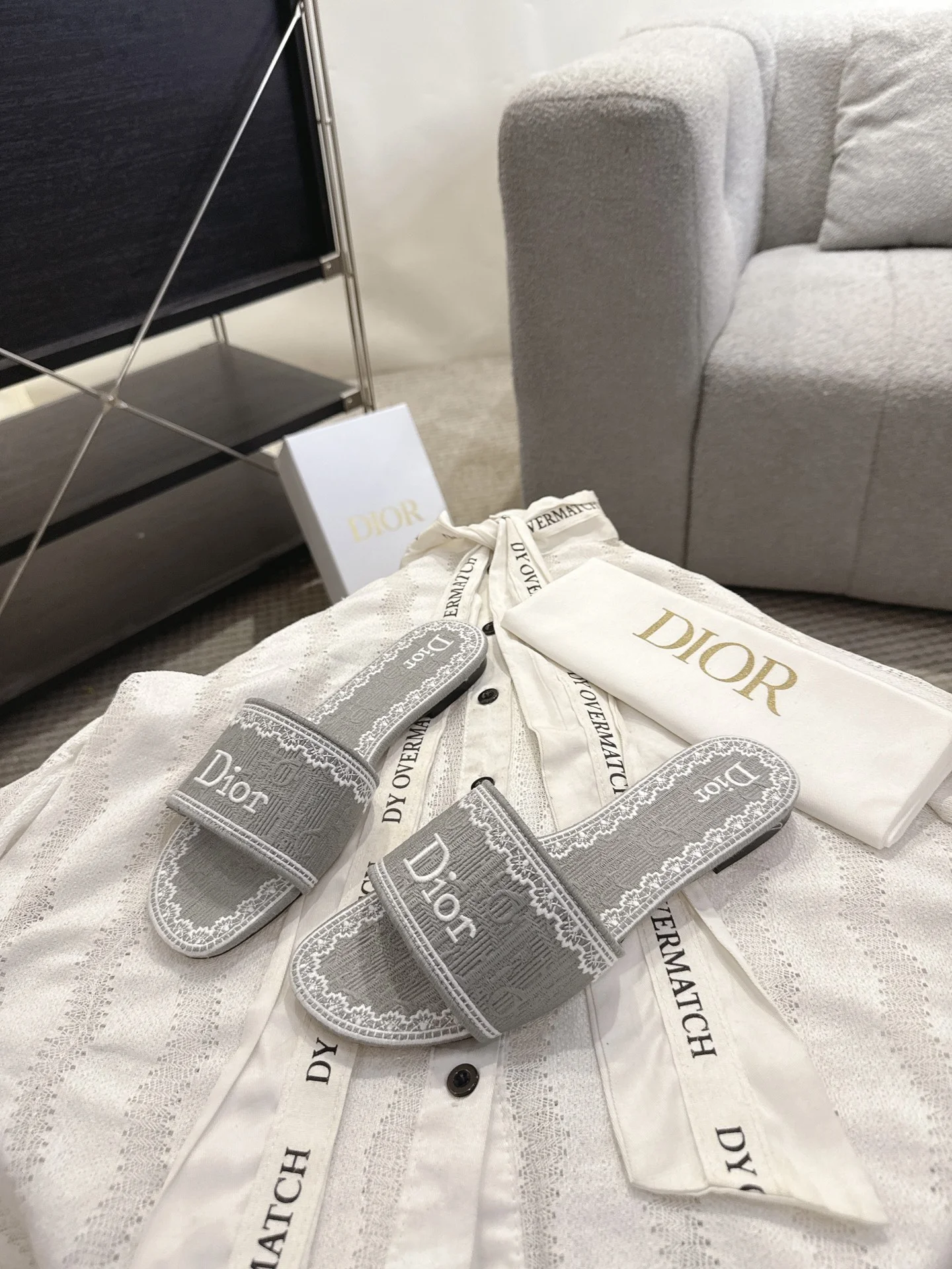 DIOR Slides Embroidered Cotton Leather Gray-White EU35-41 B20202609111767 - Image 4