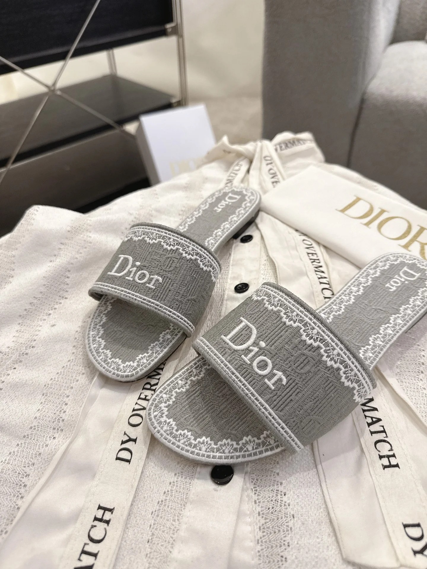 DIOR Slides Embroidered Cotton Leather Gray-White EU35-41 B20202609111767 - Image 5