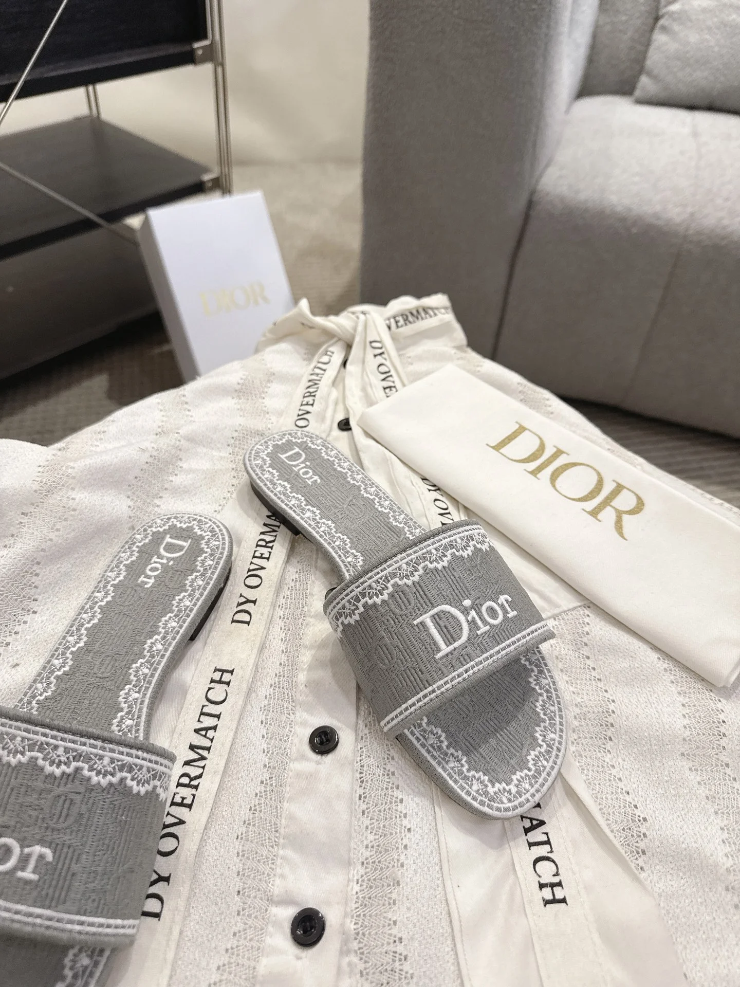 DIOR Slides Embroidered Cotton Leather Gray-White EU35-41 B20202609111767 - Image 6