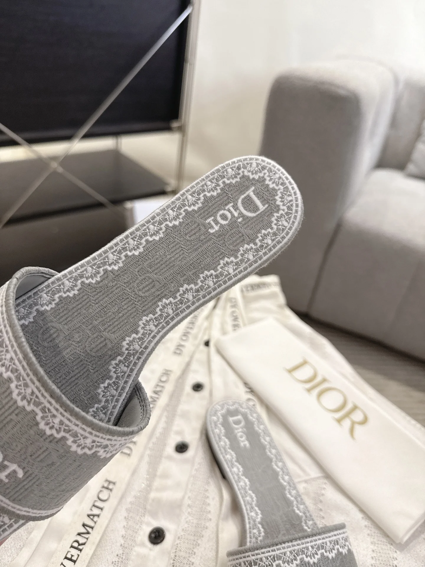 DIOR Slides Embroidered Cotton Leather Gray-White EU35-41 B20202609111767 - Image 7