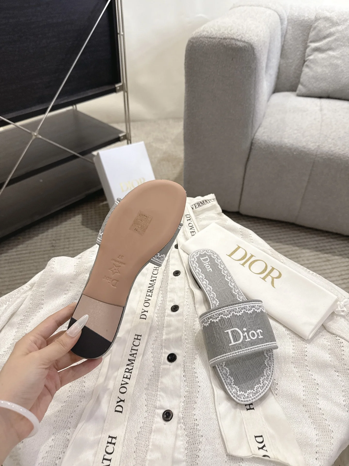 DIOR Slides Embroidered Cotton Leather Gray-White EU35-41 B20202609111767 - Image 8