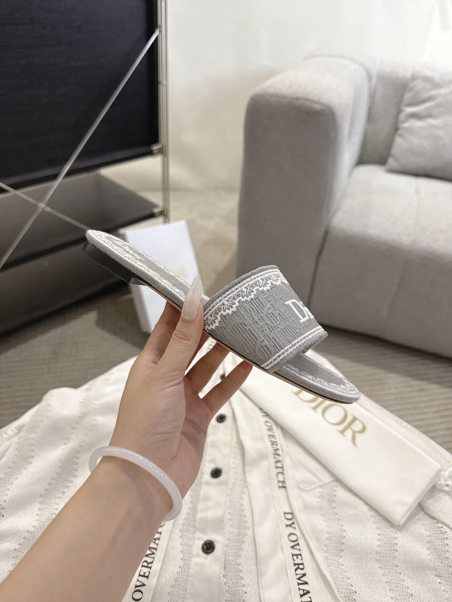 DIOR Slides Embroidered Cotton Leather Gray-White EU35-41 B20202609111767 - Image 9