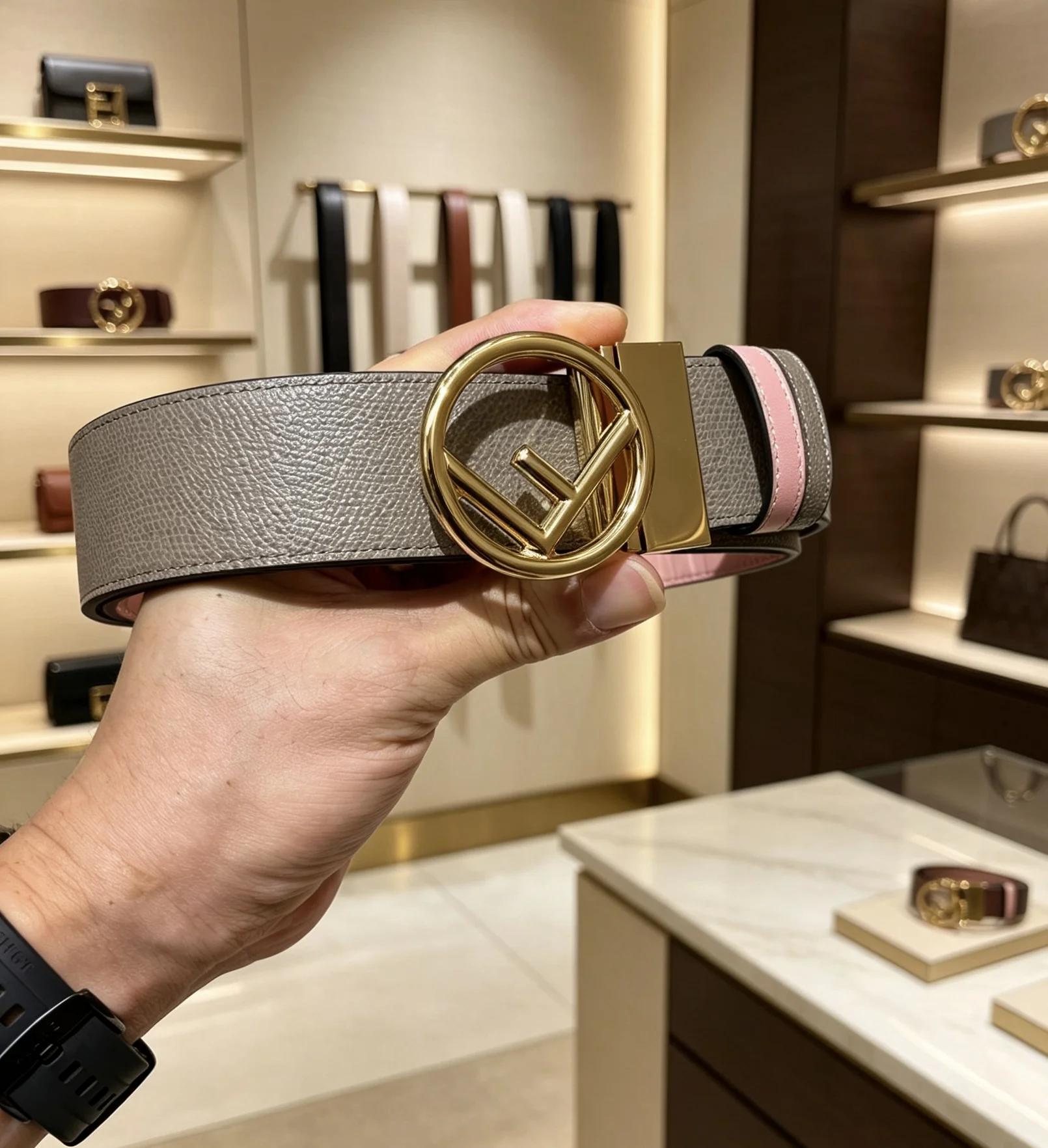 FENDI Belts Calfskin Leather Gray-Gold 38mm Width A80202609070453