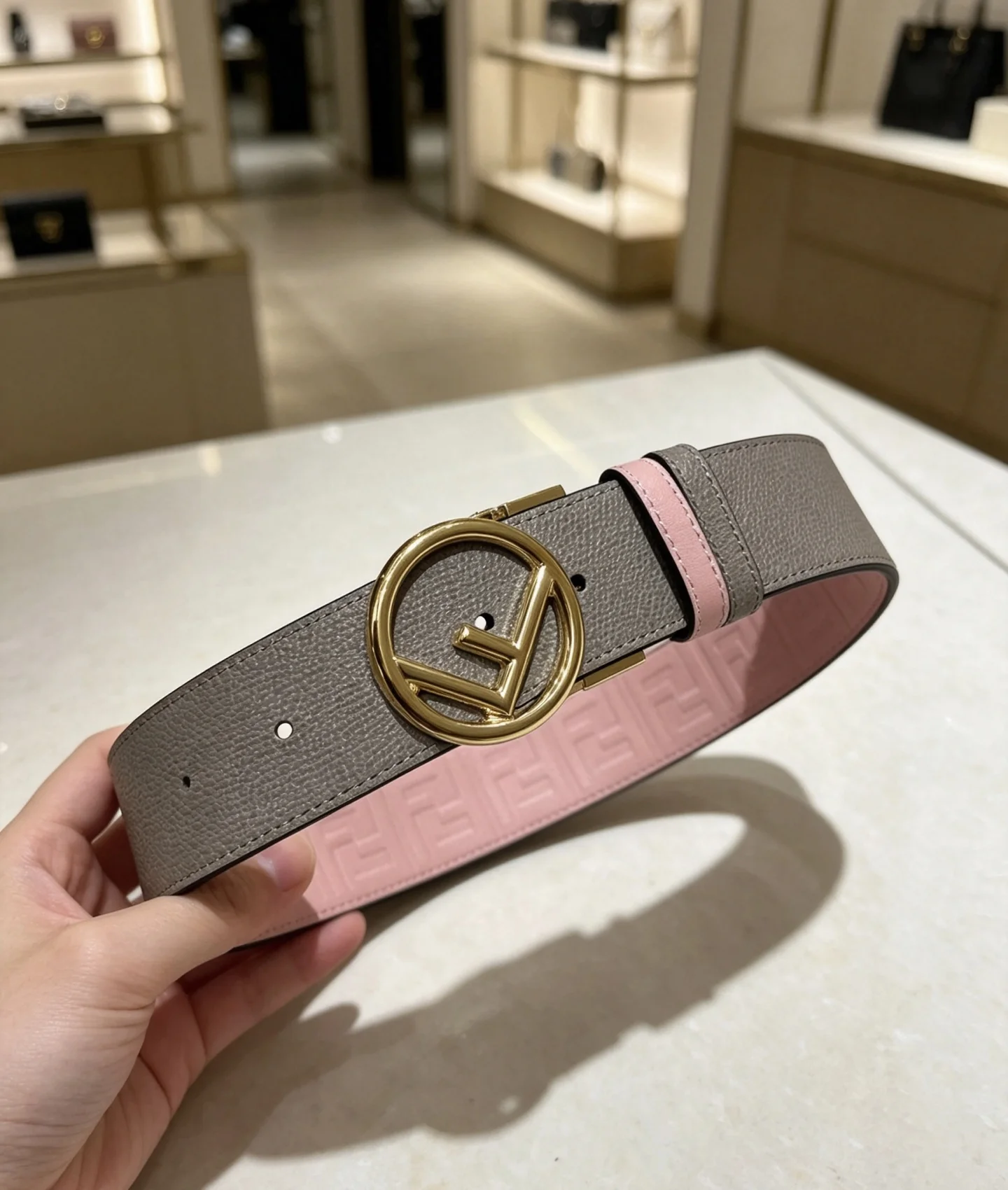 FENDI Belts Calfskin Leather Gray-Gold 38mm Width A80202609070453 - Image 2