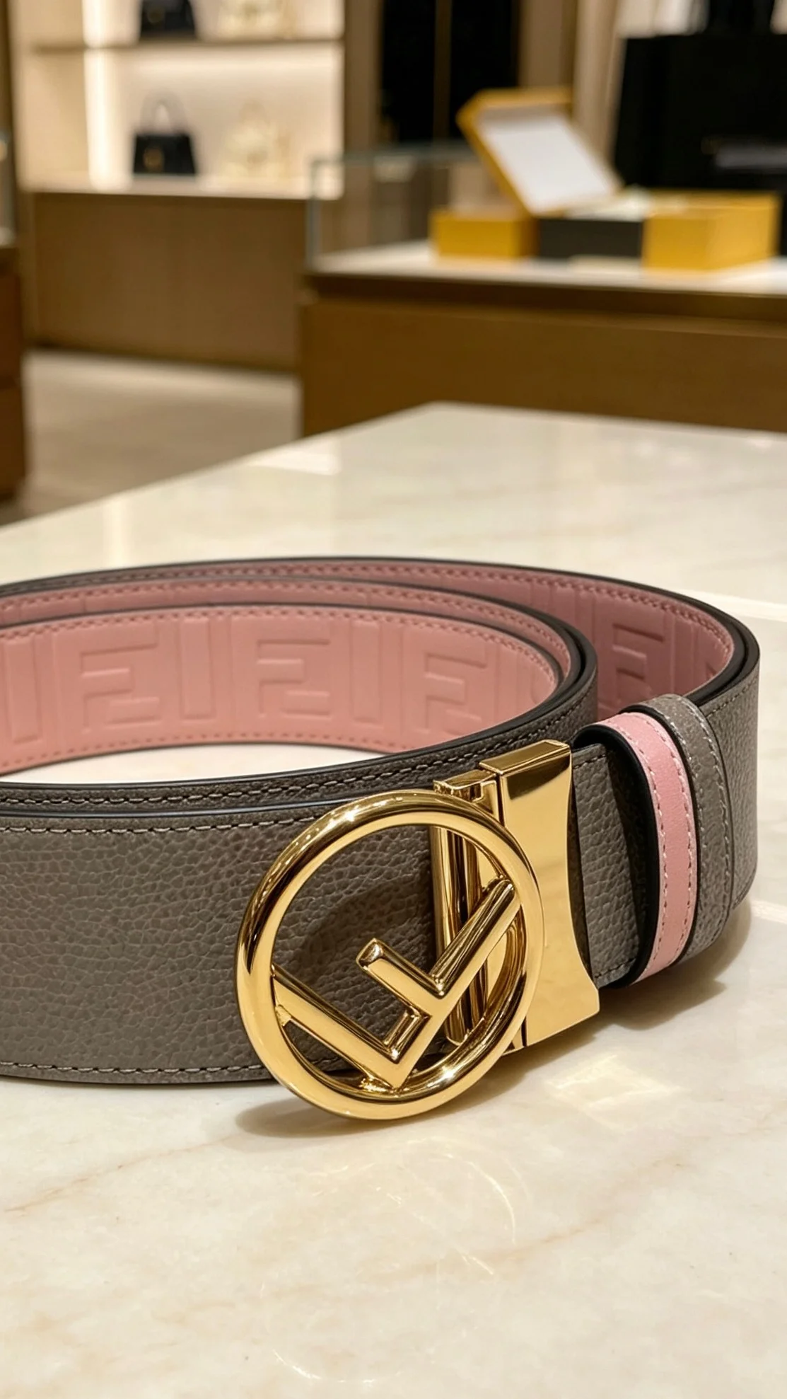 FENDI Belts Calfskin Leather Gray-Gold 38mm Width A80202609070453 - Image 3