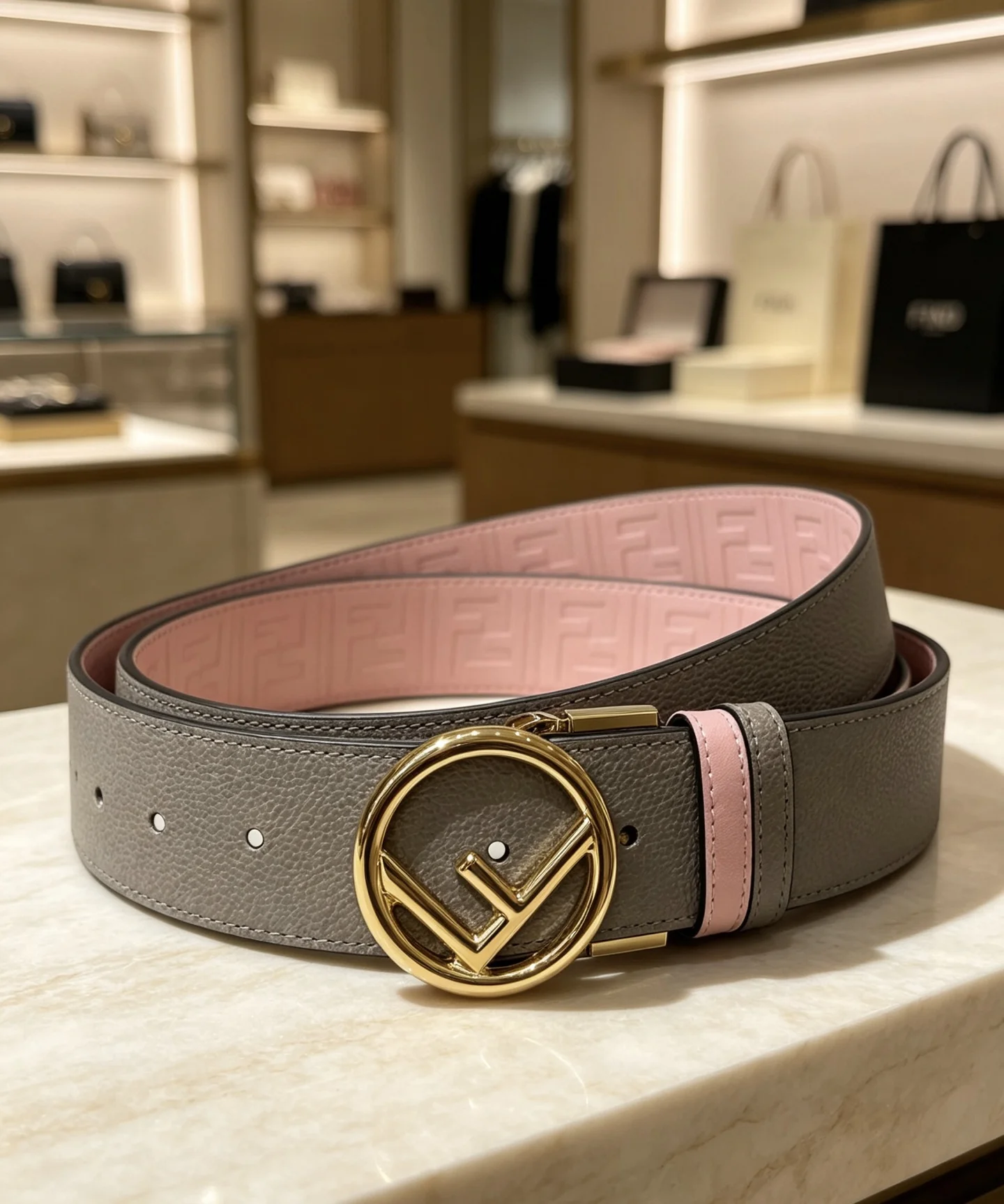 FENDI Belts Calfskin Leather Gray-Gold 38mm Width A80202609070453 - Image 4