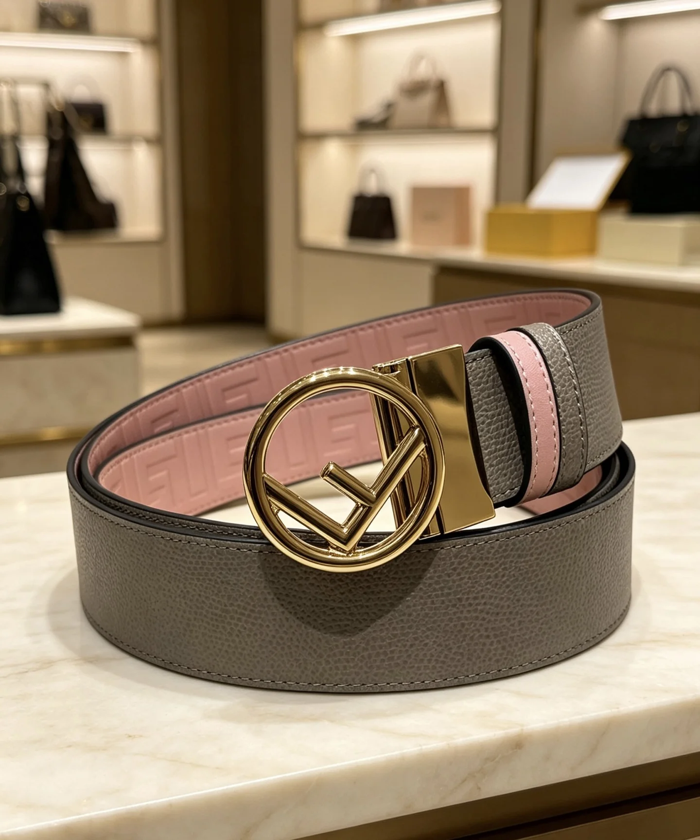 FENDI Belts Calfskin Leather Gray-Gold 38mm Width A80202609070453 - Image 5