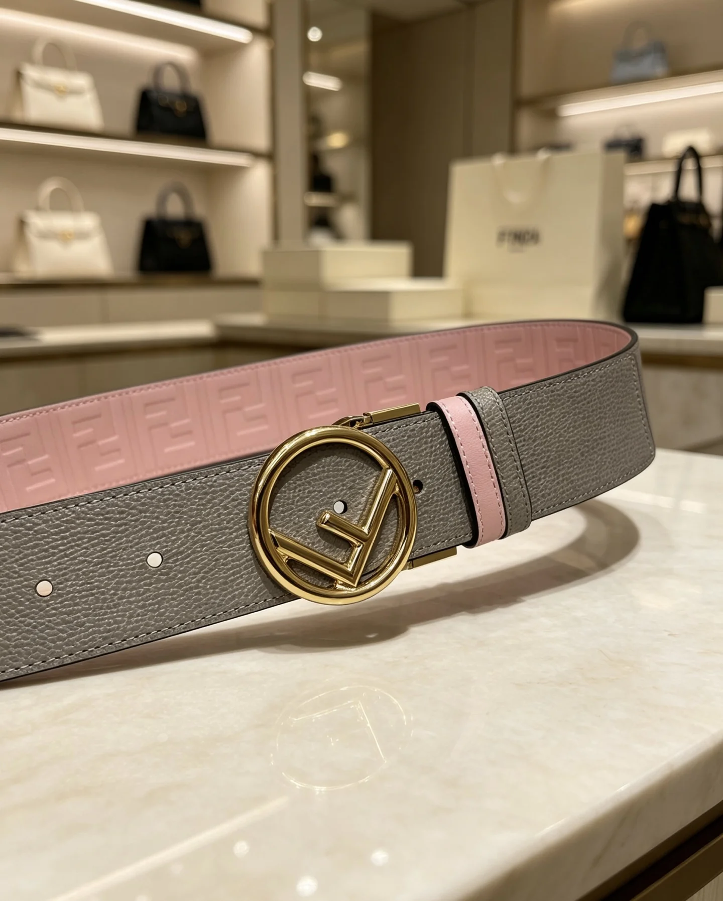 FENDI Belts Calfskin Leather Gray-Gold 38mm Width A80202609070453 - Image 6