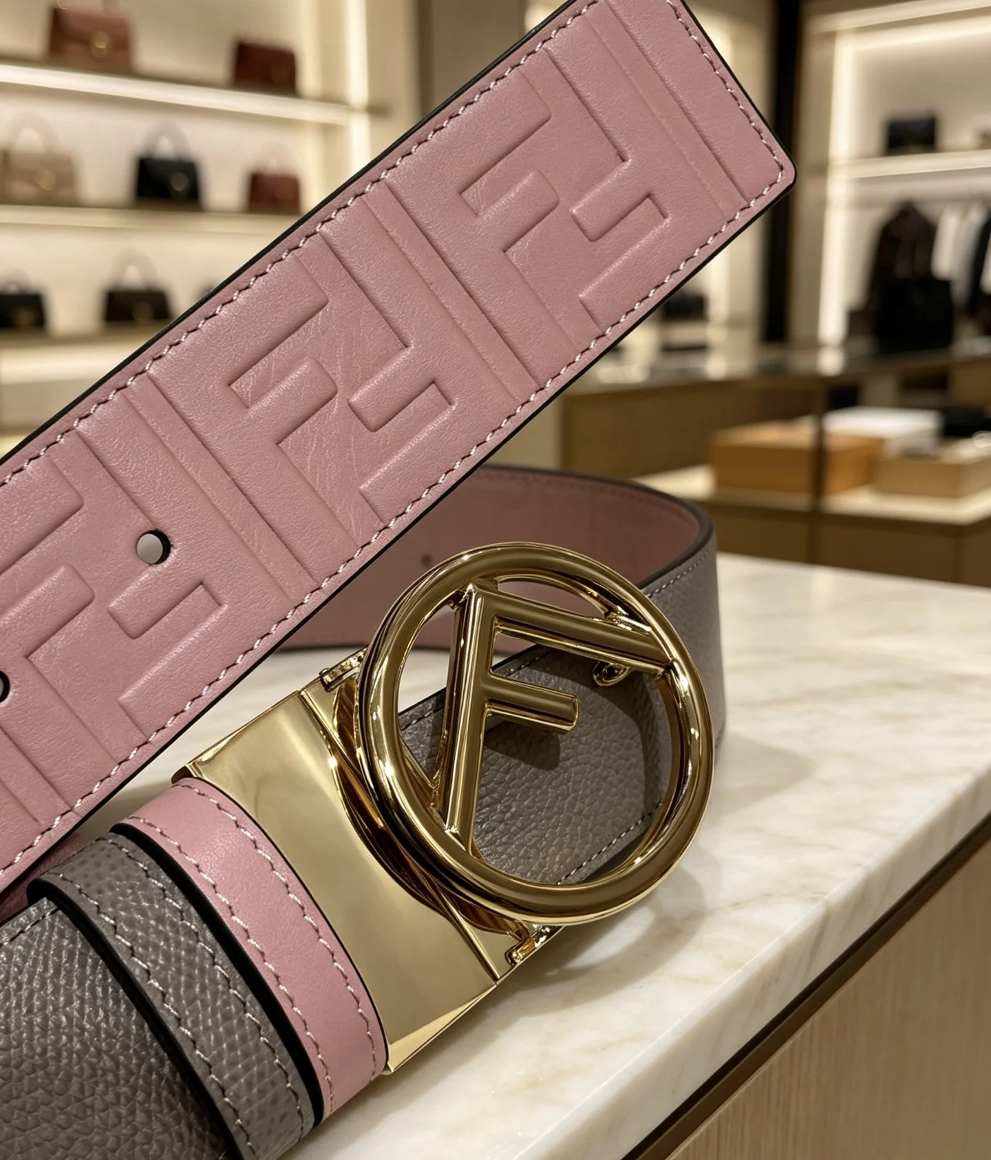FENDI Belts Calfskin Leather Gray-Gold 38mm Width A80202609070453 - Image 8