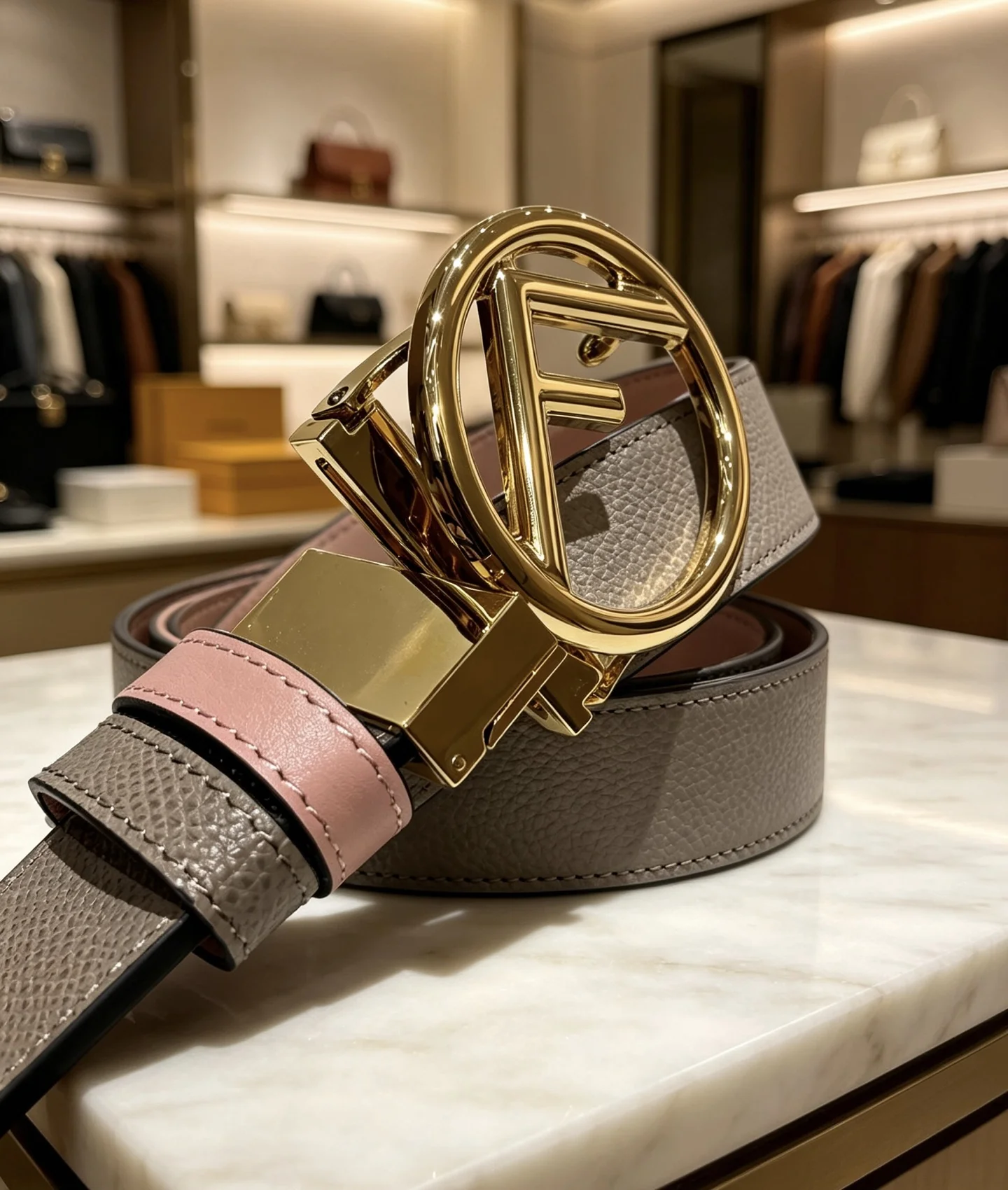 FENDI Belts Calfskin Leather Gray-Gold 38mm Width A80202609070453 - Image 9