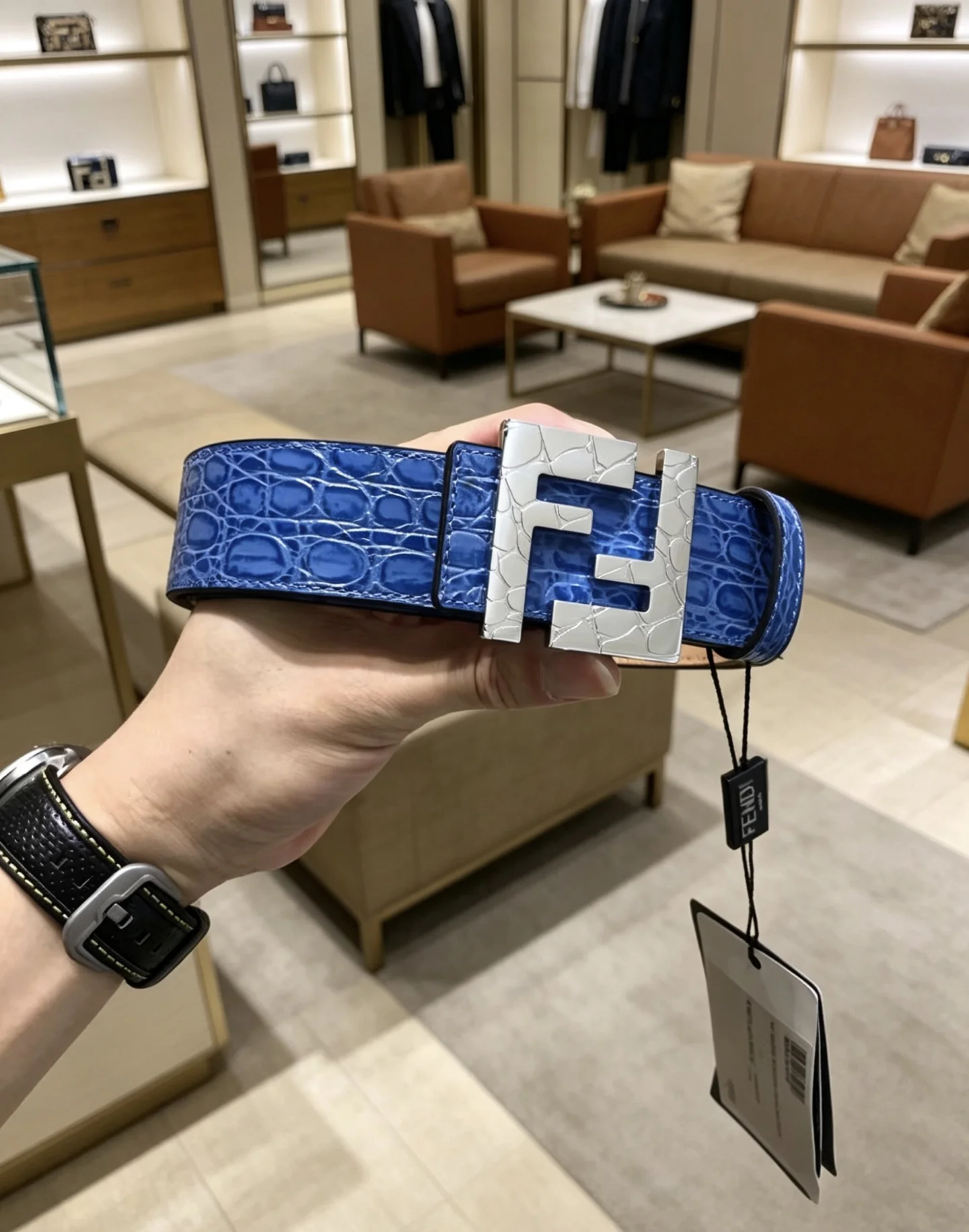FENDI Belts Cowhide Leather Blue-Silver 39mm Width A80202609070335