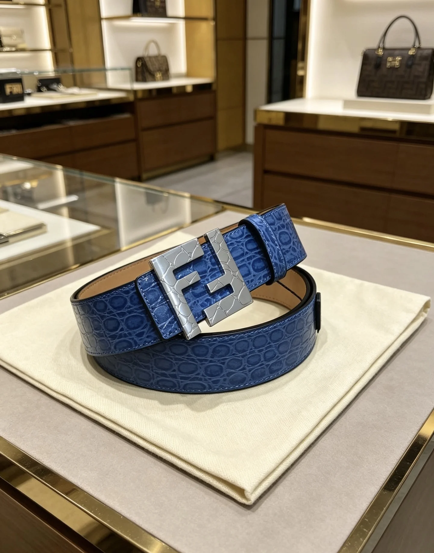 FENDI Belts Cowhide Leather Blue-Silver 39mm Width A80202609070335 - Image 2