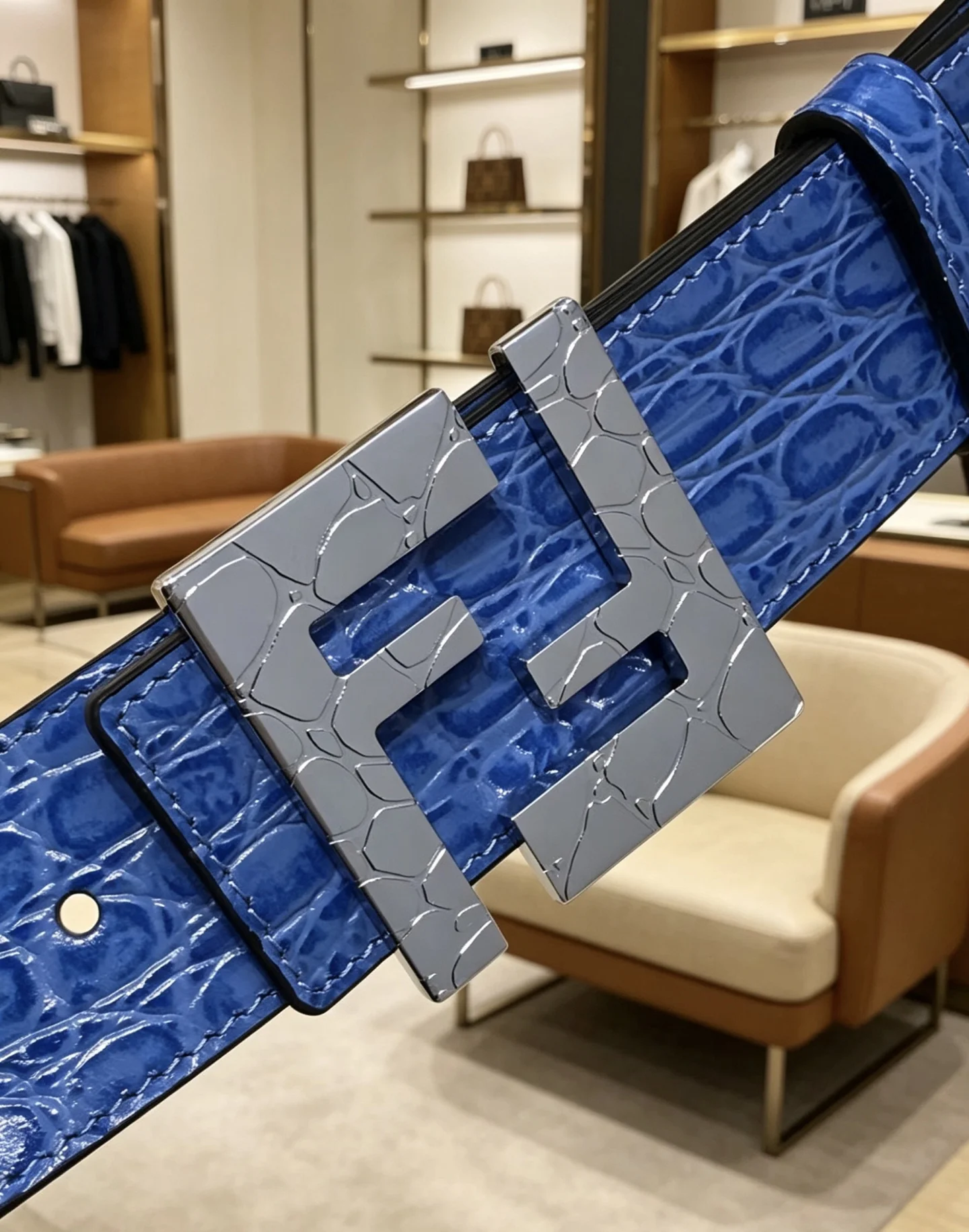 FENDI Belts Cowhide Leather Blue-Silver 39mm Width A80202609070335 - Image 3