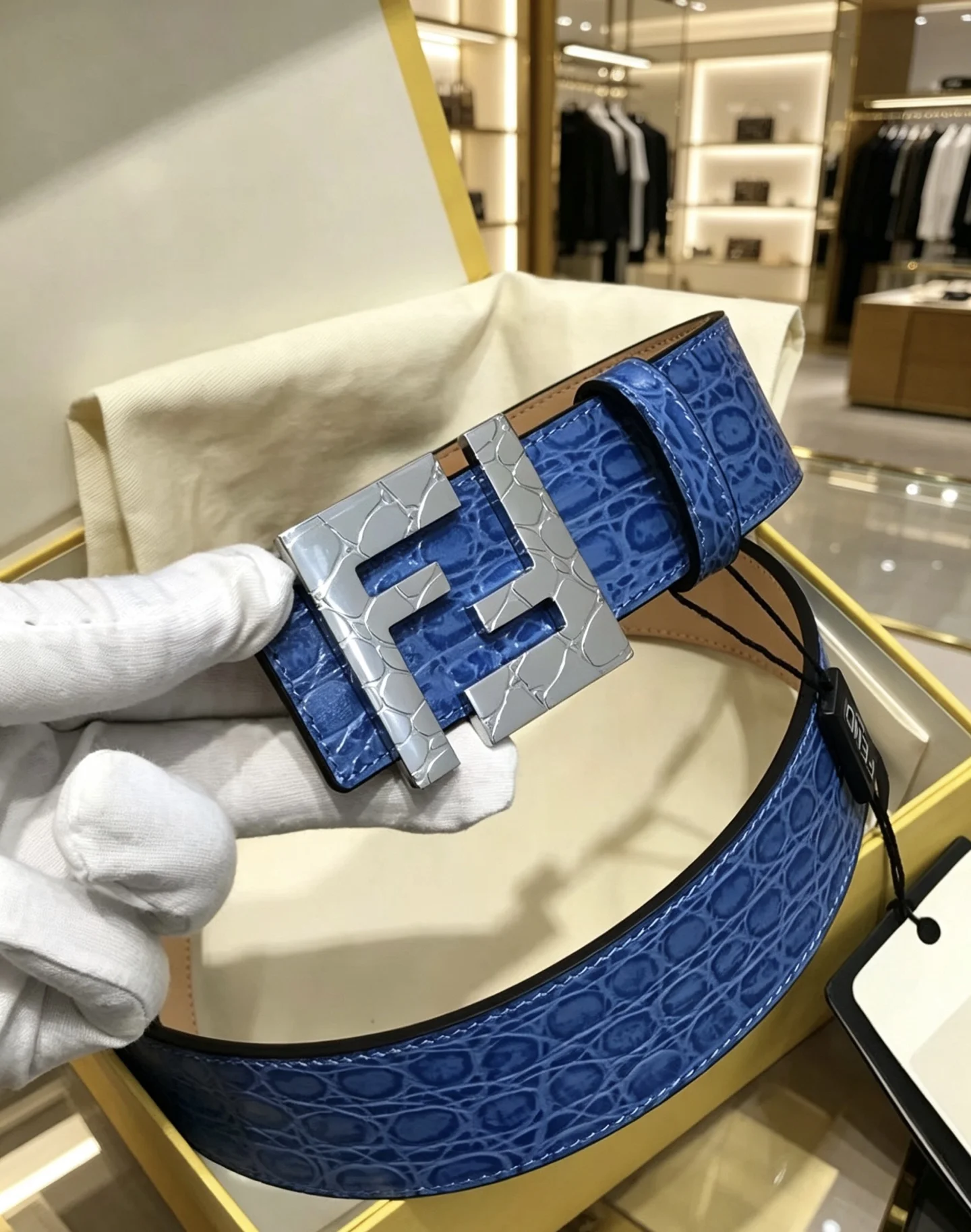 FENDI Belts Cowhide Leather Blue-Silver 39mm Width A80202609070335 - Image 9