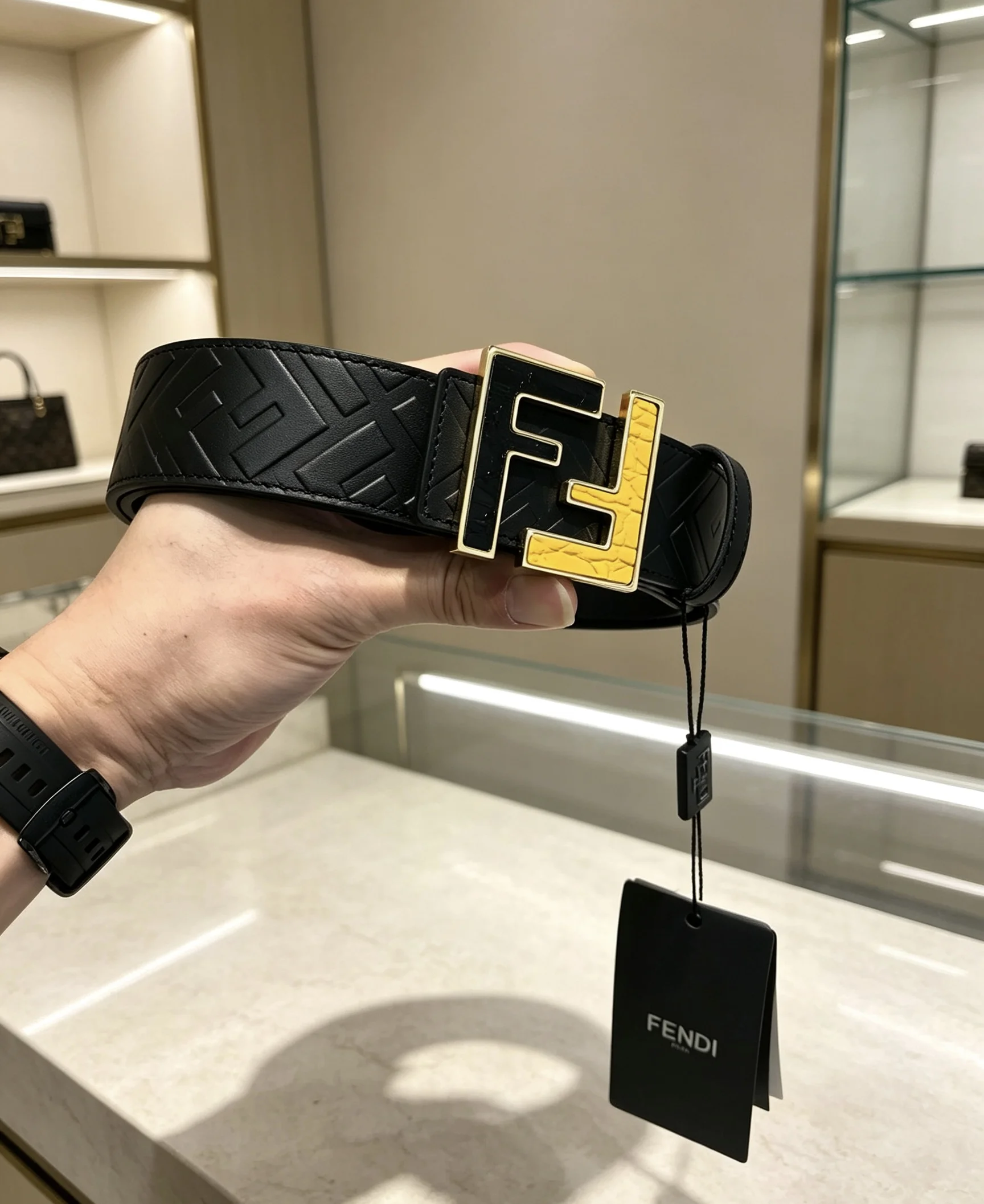 FENDI Belts Embossed Calf Leather Black-Gold 38mm Width A80202609070155