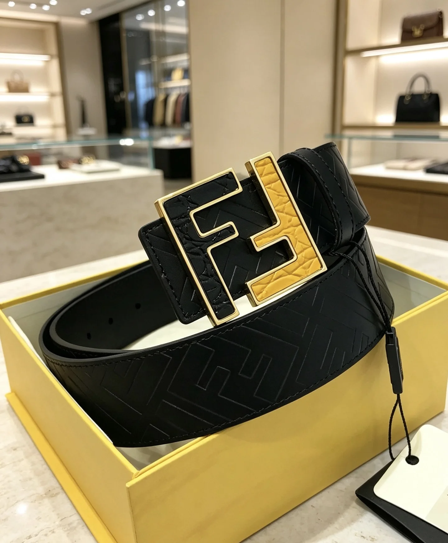 FENDI Belts Embossed Calf Leather Black-Gold 38mm Width A80202609070155 - Image 2