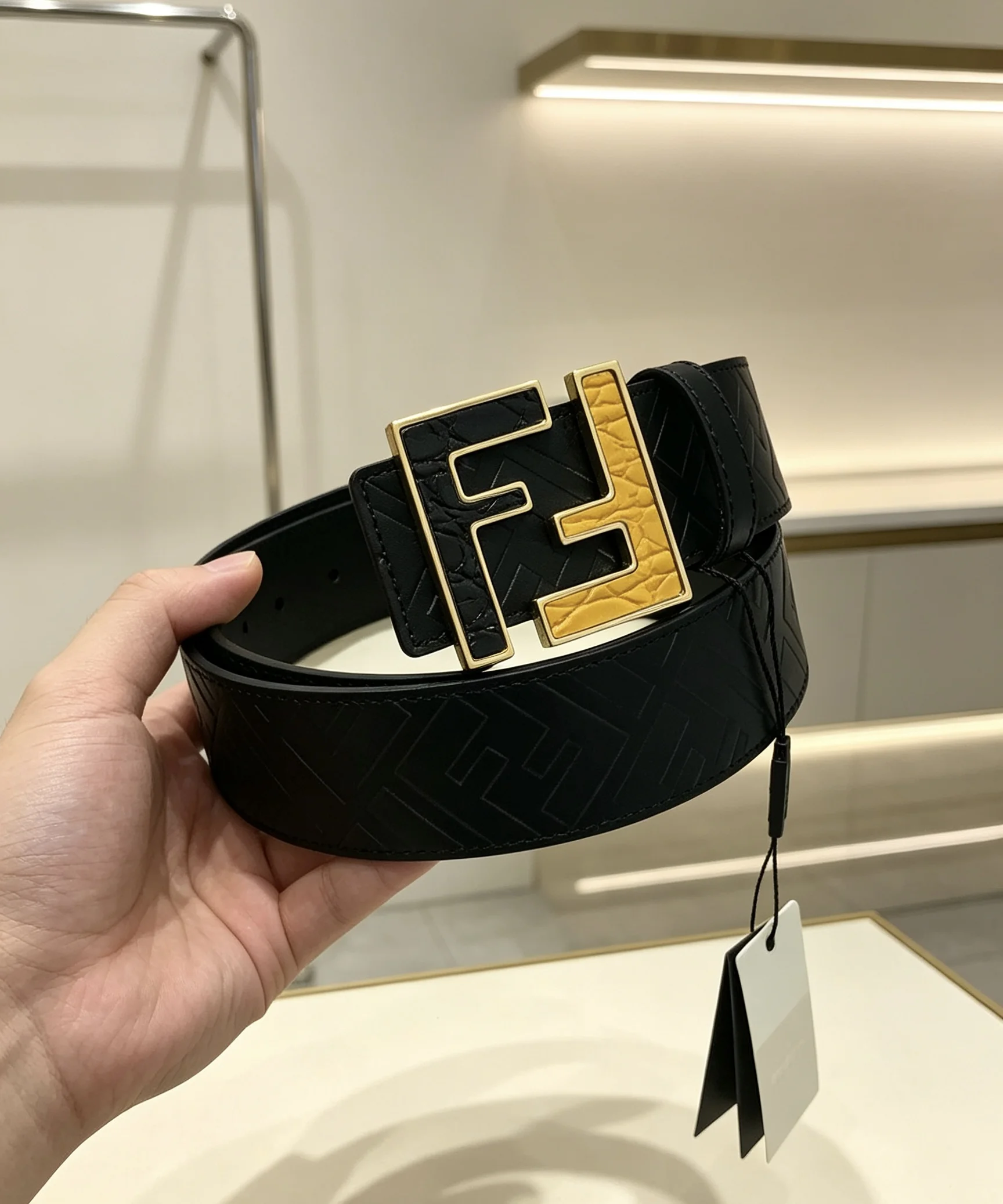 FENDI Belts Embossed Calf Leather Black-Gold 38mm Width A80202609070155 - Image 3