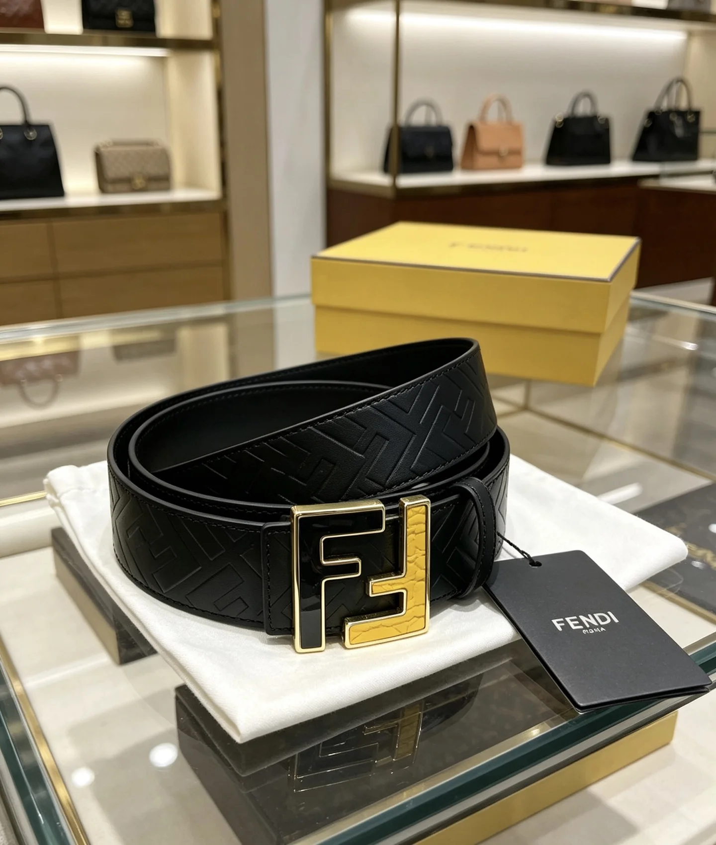 FENDI Belts Embossed Calf Leather Black-Gold 38mm Width A80202609070155 - Image 4