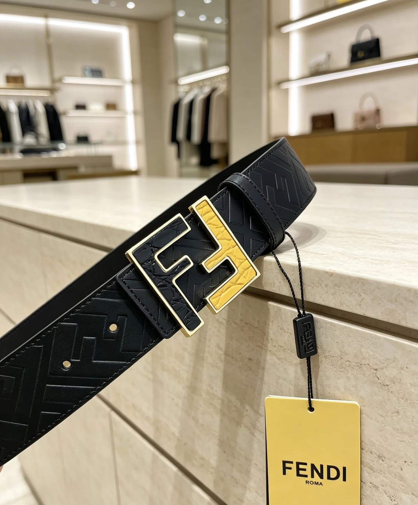 FENDI Belts Embossed Calf Leather Black-Gold 38mm Width A80202609070155 - Image 5