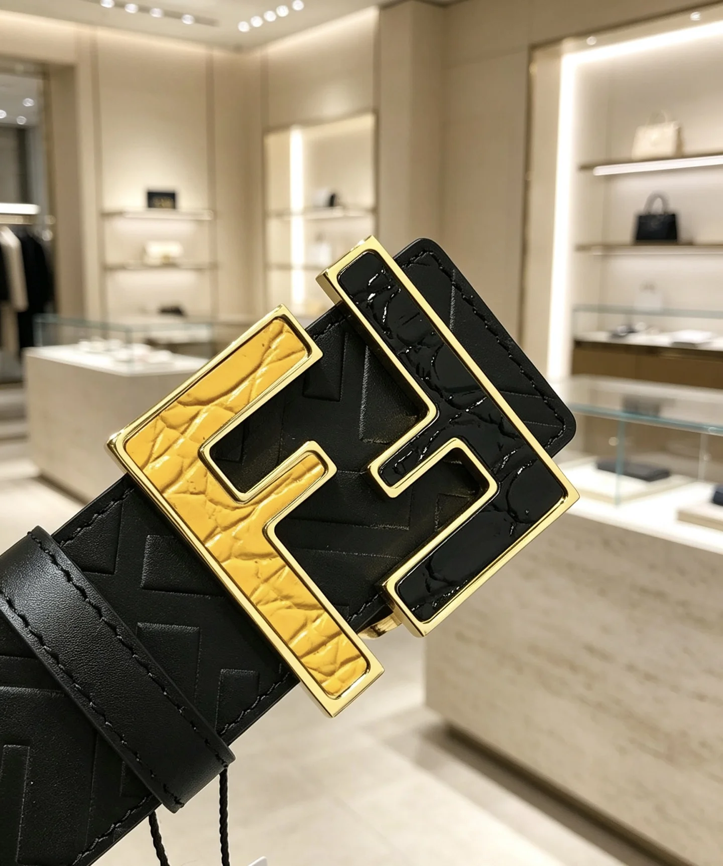 FENDI Belts Embossed Calf Leather Black-Gold 38mm Width A80202609070155 - Image 8