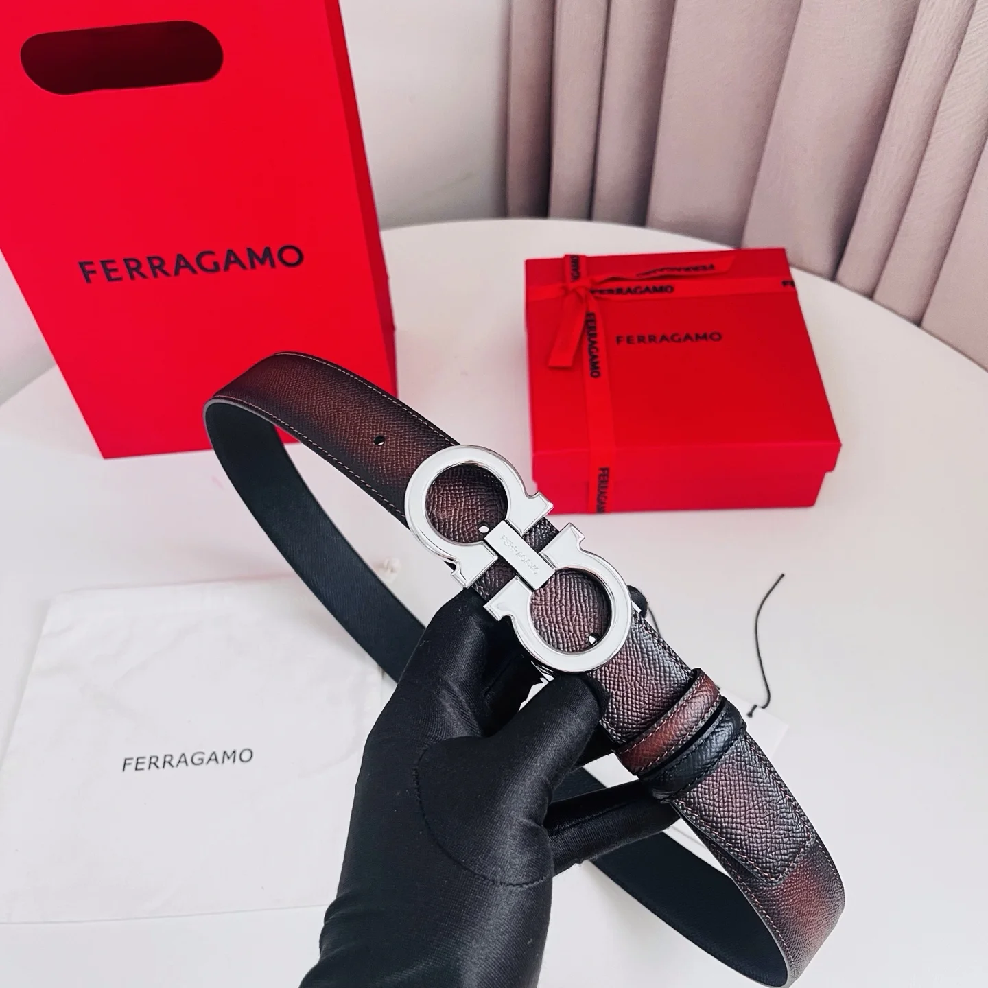 FERRAGAMO Belts Calf Leather Brown-Silver A70202609070476