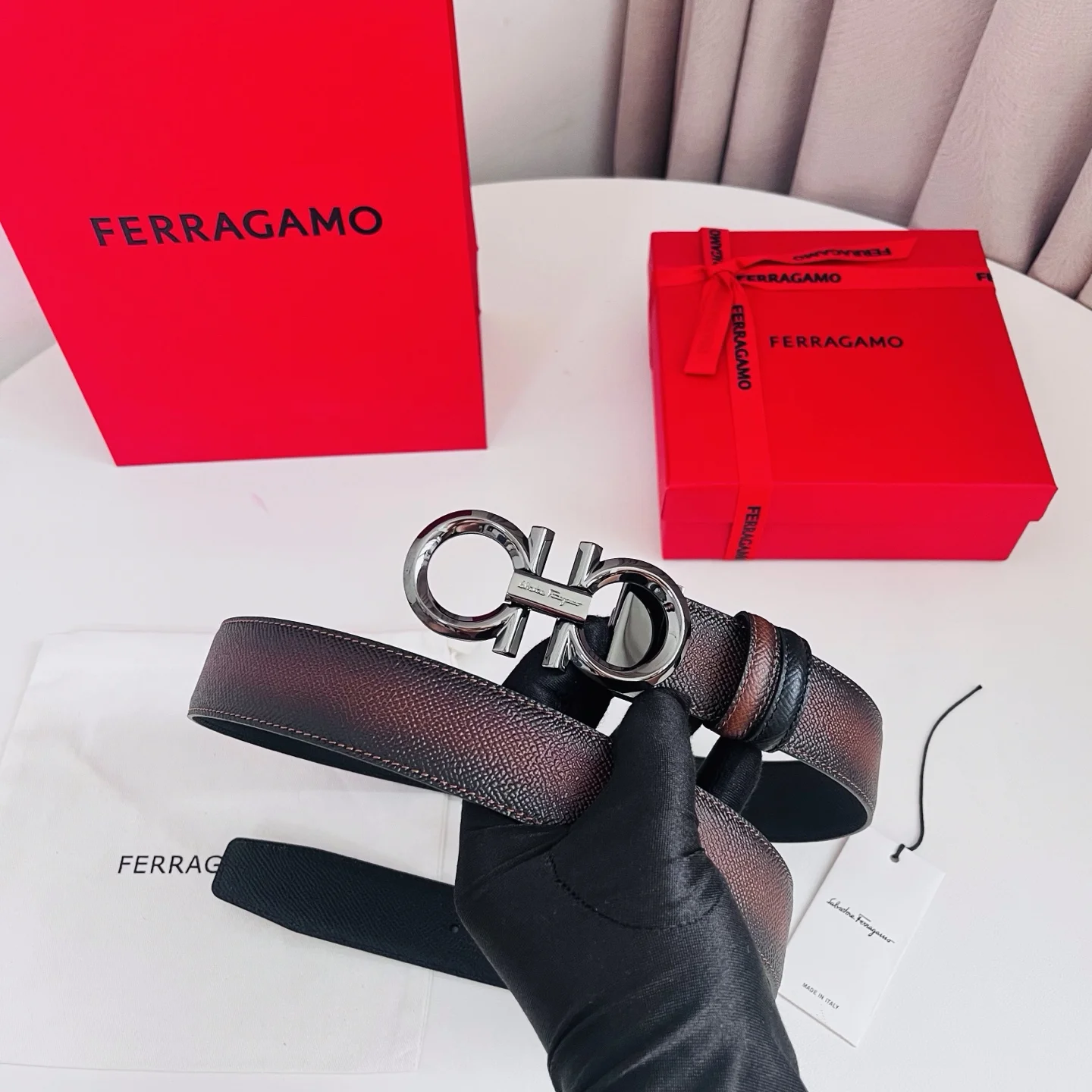 FERRAGAMO Belts Hammered Calf Leather Brown-Silver A70202609070500 - Image 2