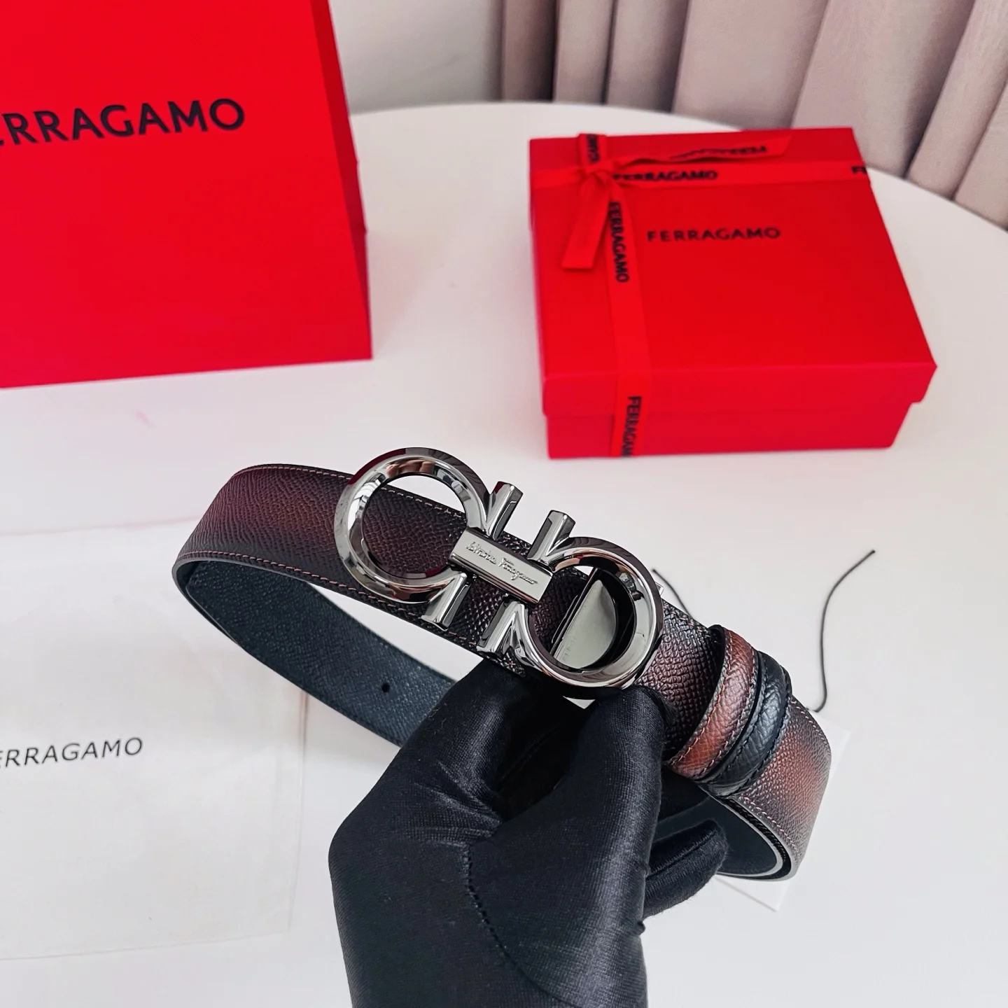 FERRAGAMO Belts Hammered Calf Leather Brown-Silver A70202609070500 - Image 3