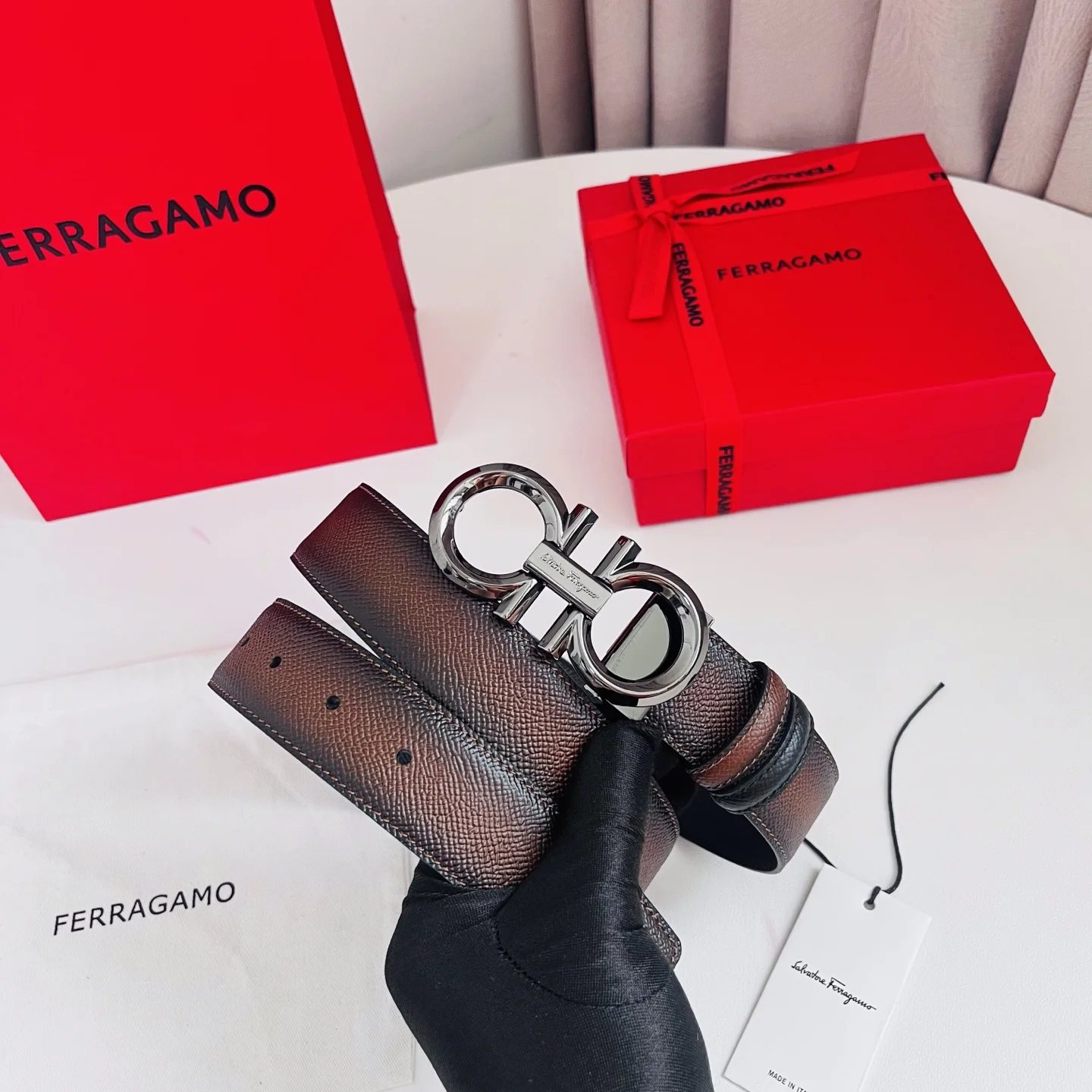 FERRAGAMO Belts Hammered Calf Leather Brown-Silver A70202609070500 - Image 4