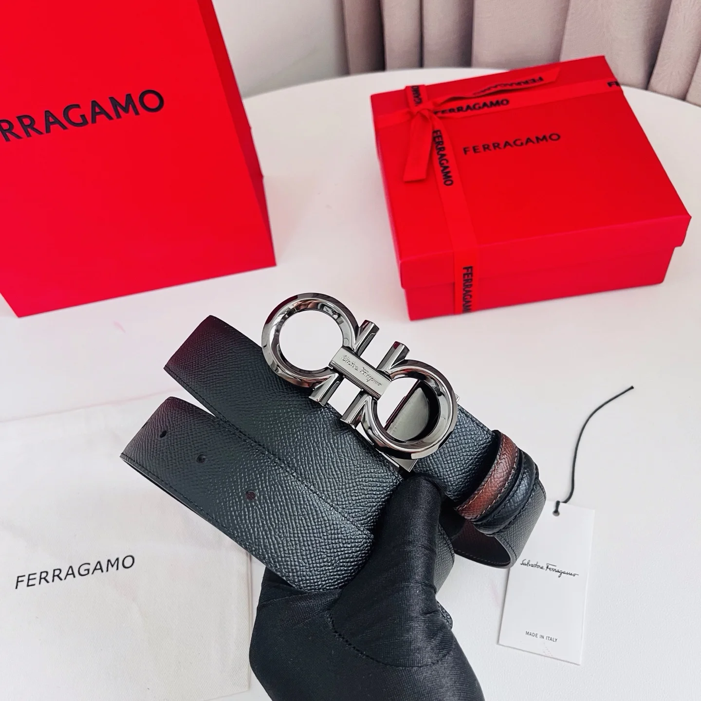 FERRAGAMO Belts Hammered Calf Leather Brown-Silver A70202609070500 - Image 6