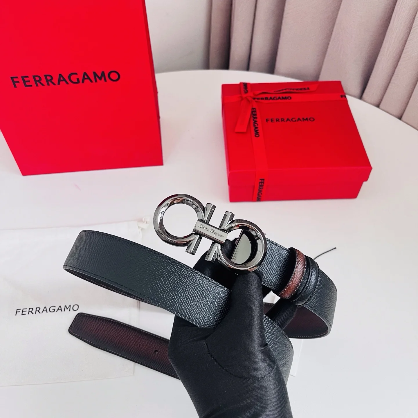 FERRAGAMO Belts Hammered Calf Leather Brown-Silver A70202609070500 - Image 7