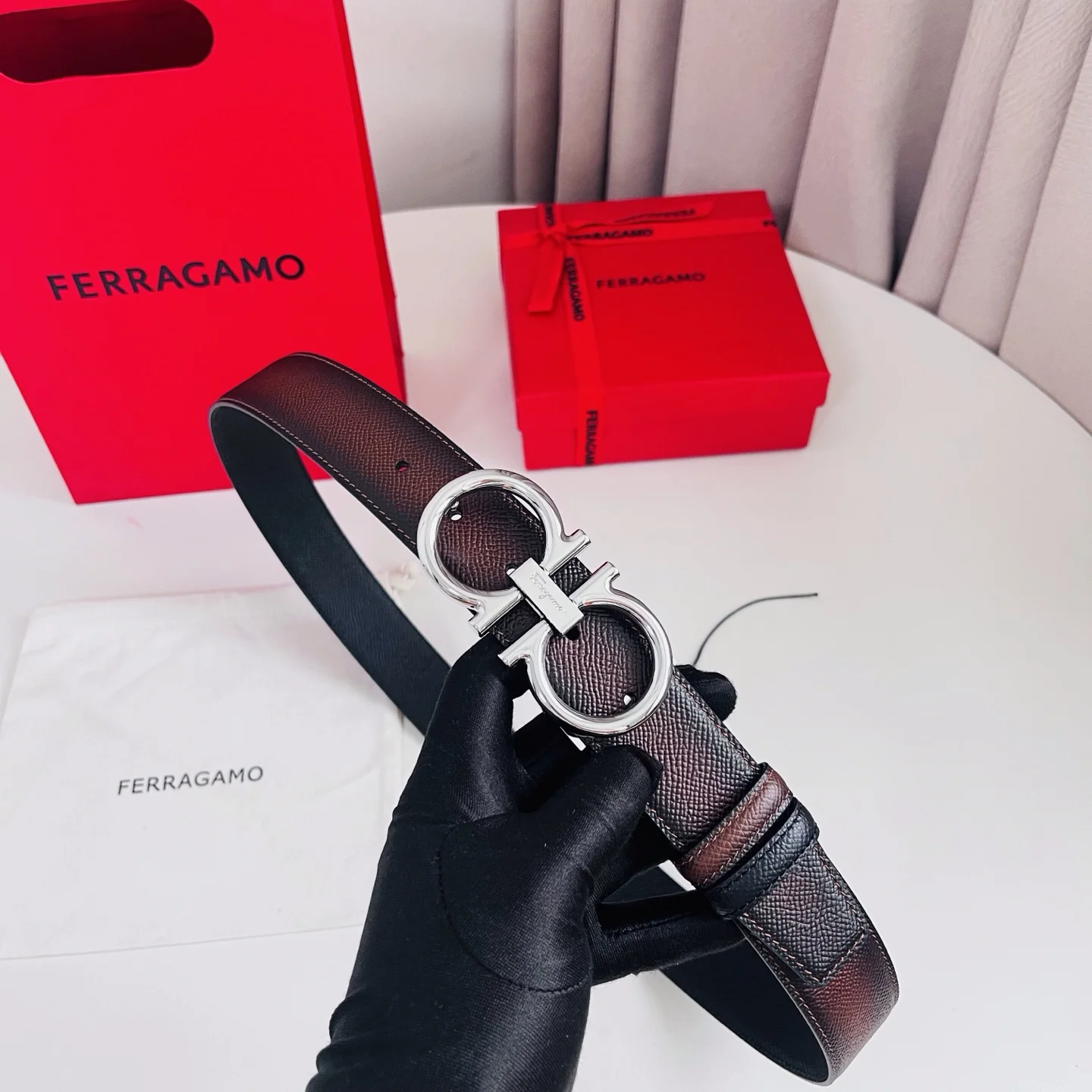FERRAGAMO Belts Hammered Calf Leather Brown-Silver A70202609070515