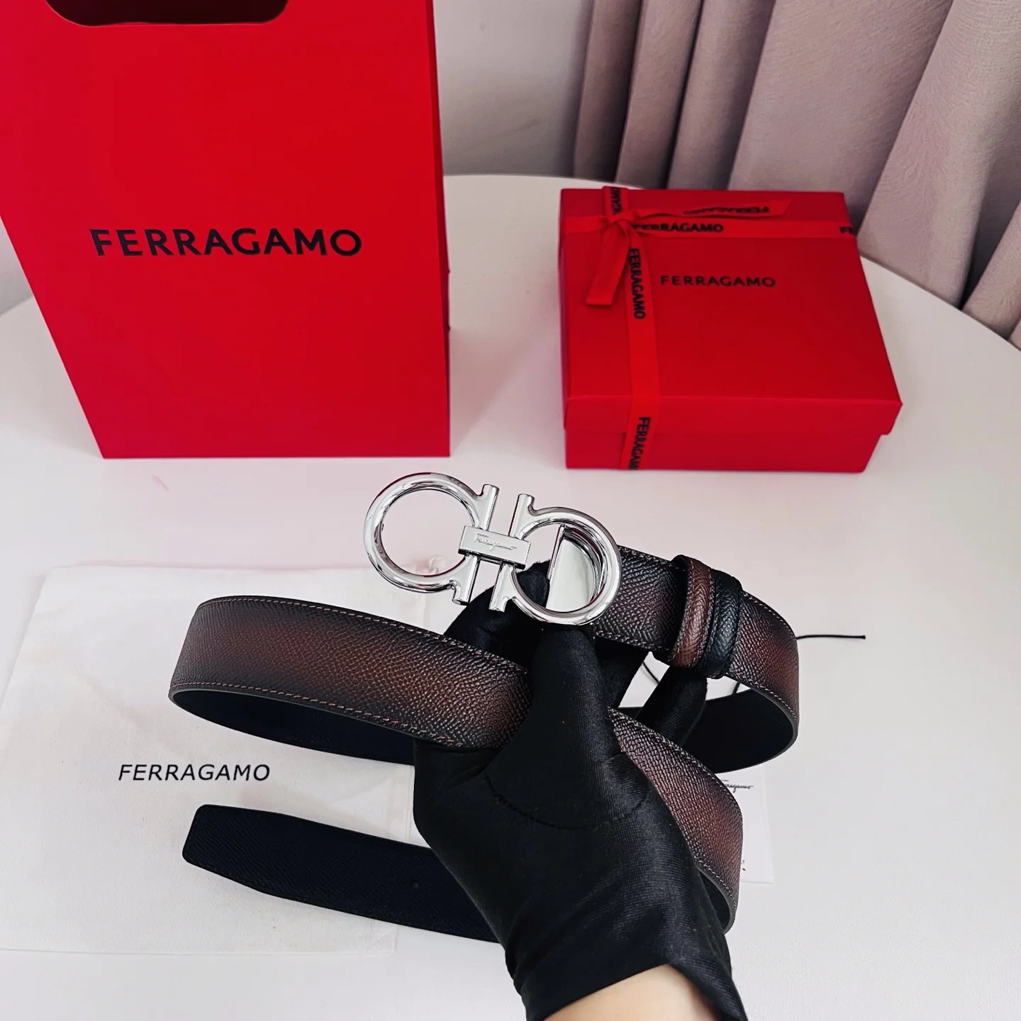 FERRAGAMO Belts Hammered Calf Leather Brown-Silver A70202609070515 - Image 2