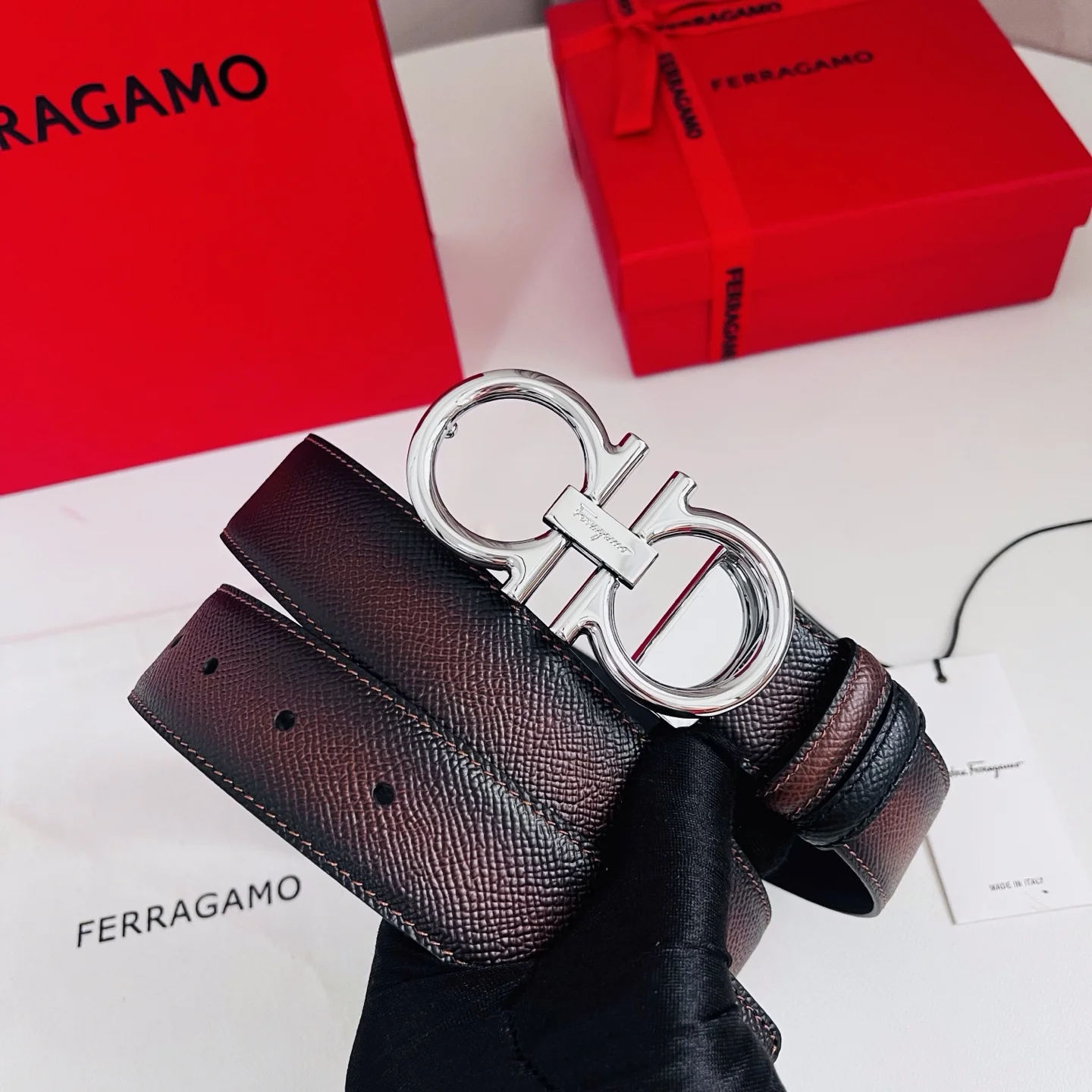 FERRAGAMO Belts Hammered Calf Leather Brown-Silver A70202609070515 - Image 4