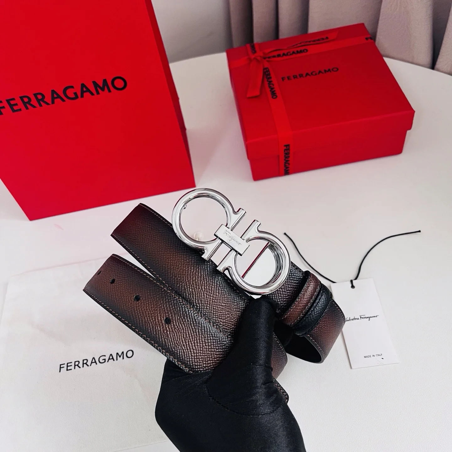 FERRAGAMO Belts Hammered Calf Leather Brown-Silver A70202609070515 - Image 5