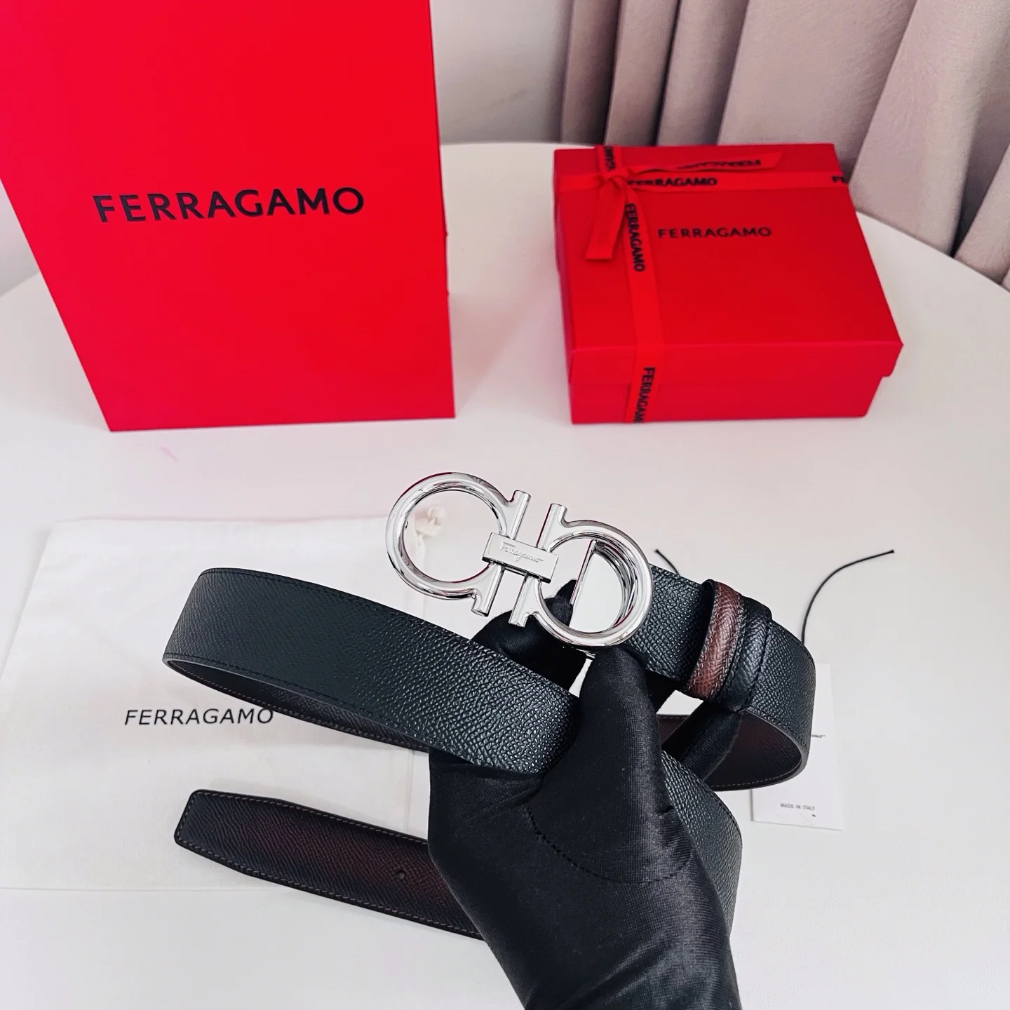 FERRAGAMO Belts Hammered Calf Leather Brown-Silver A70202609070515 - Image 8