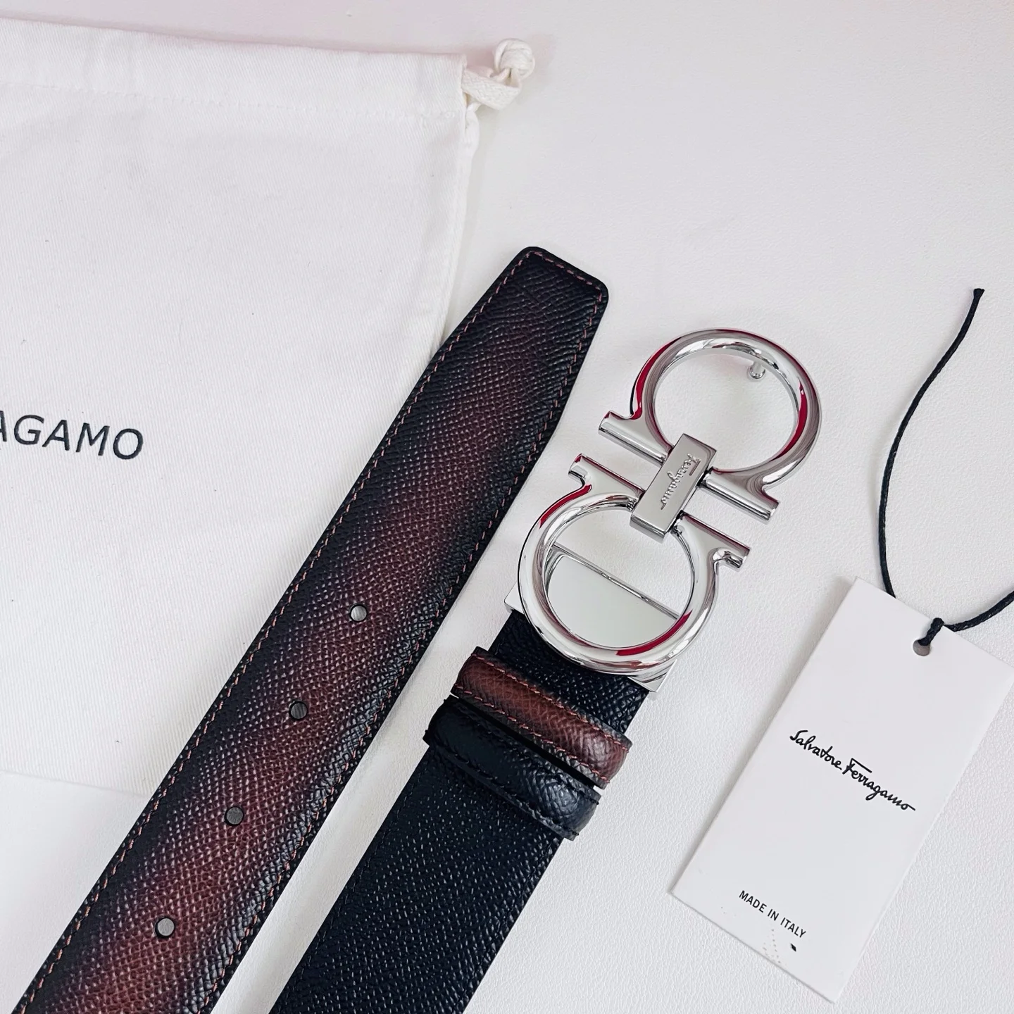FERRAGAMO Belts Hammered Calf Leather Brown-Silver A70202609070515 - Image 9