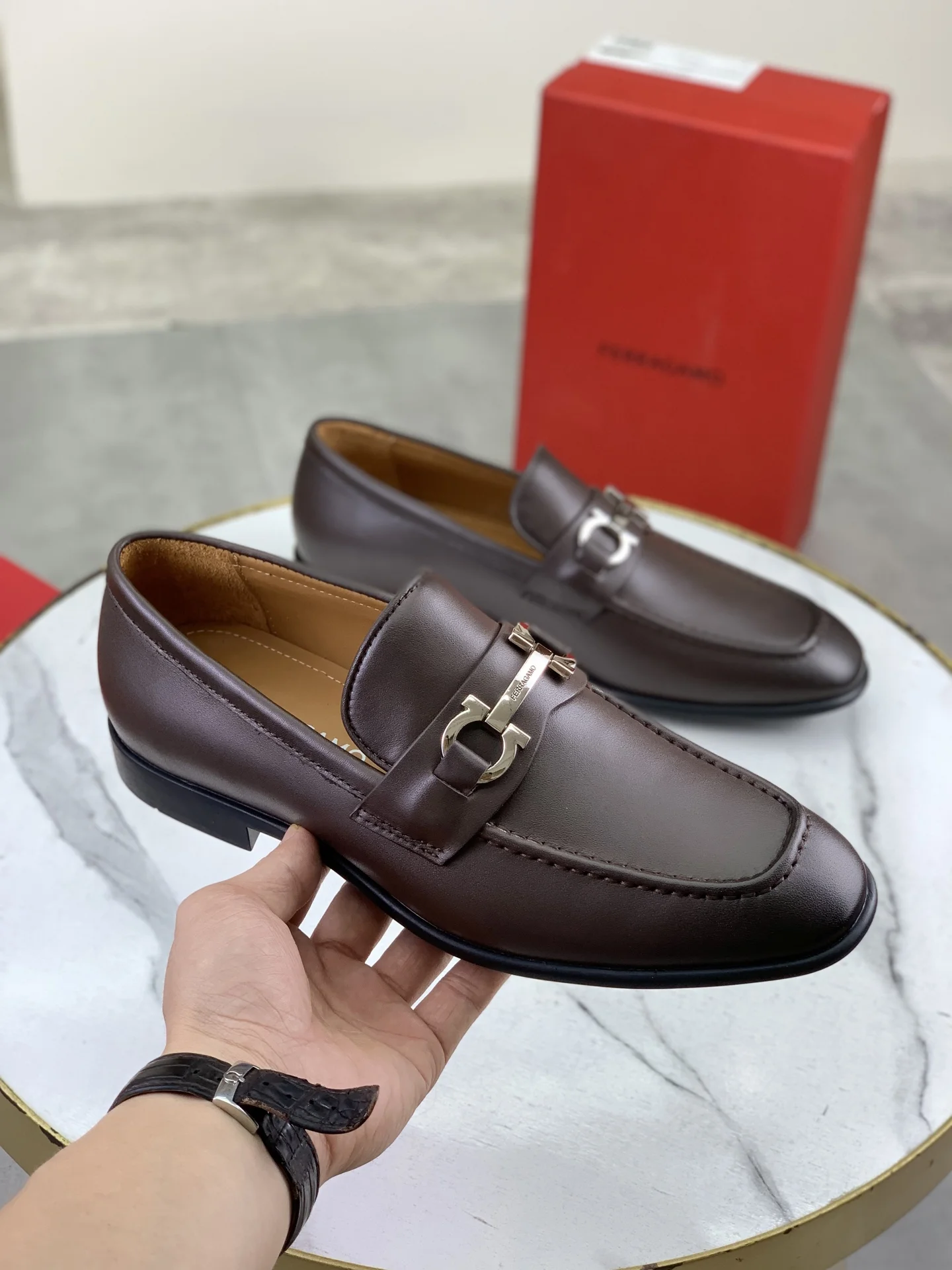 FERRAGAMO Formal Shoes Calf Leather Brown-Silver EU39-44 C80202609110933 - Image 3