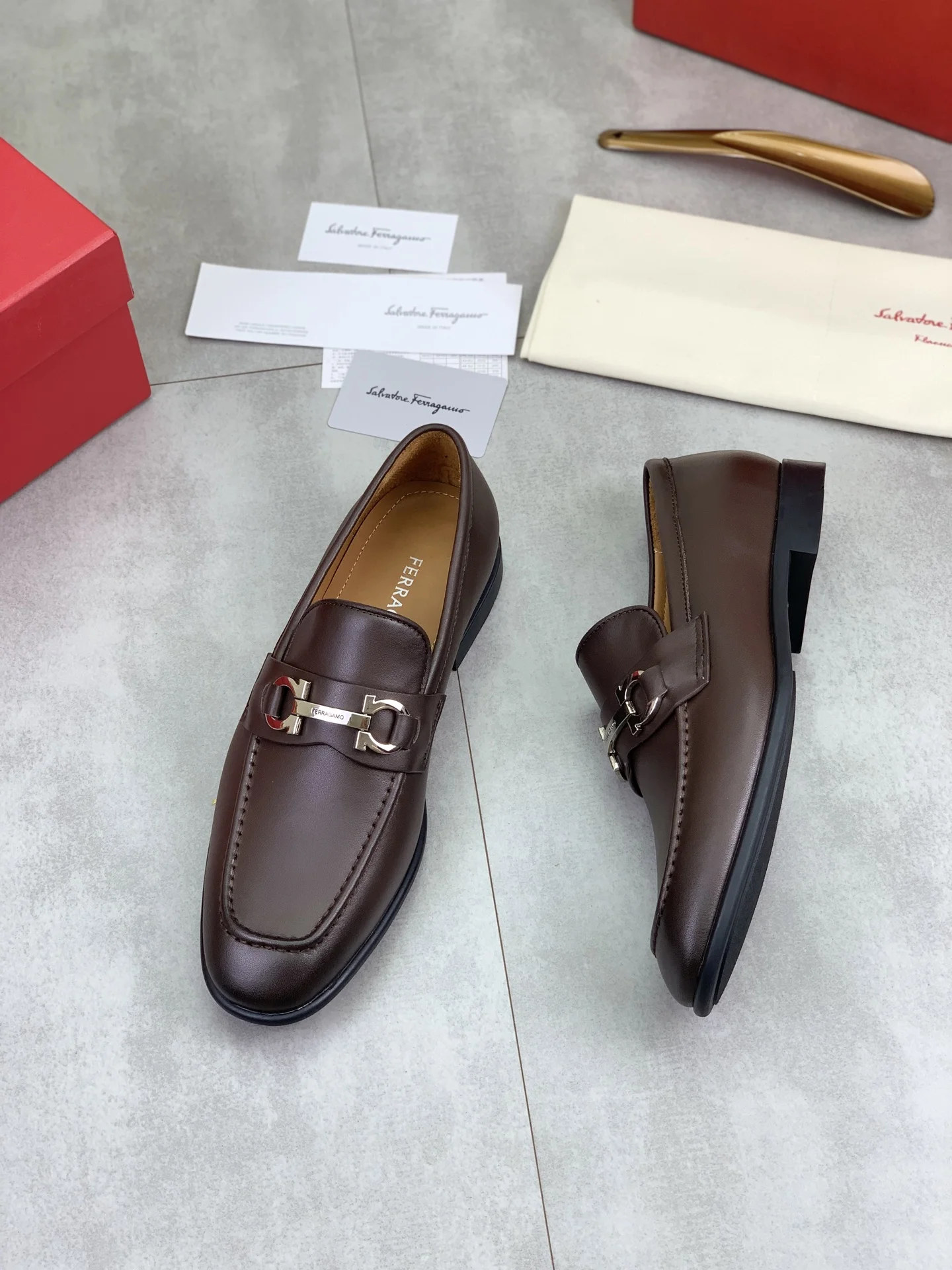 FERRAGAMO Formal Shoes Calf Leather Brown-Silver EU39-44 C80202609110933 - Image 5