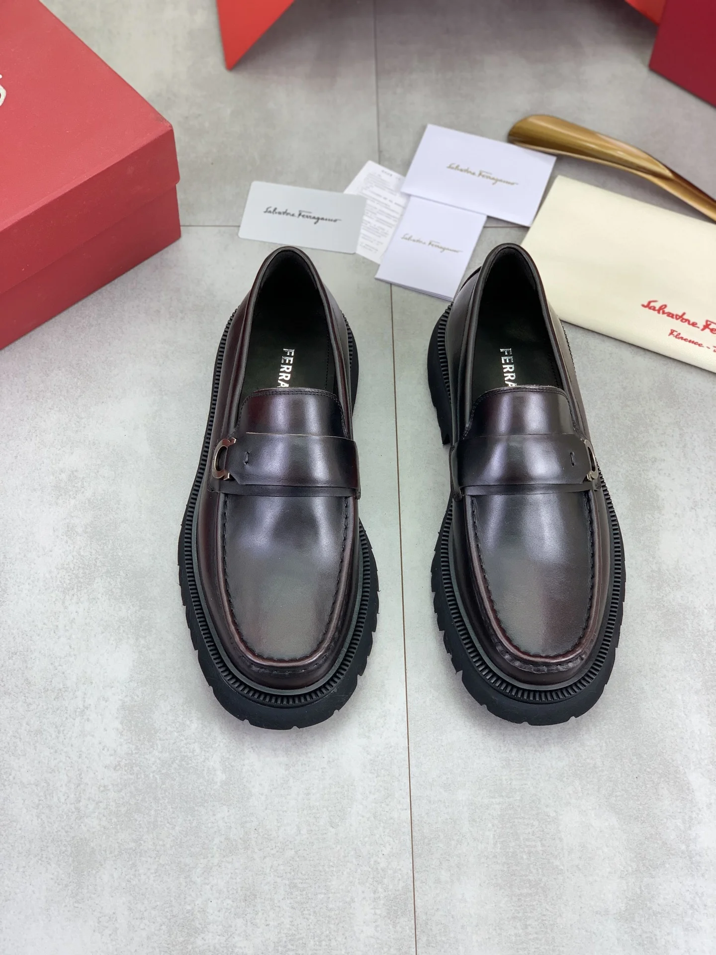 FERRAGAMO Loafers Calf Leather Brown-Black EU39-45 C80202609111087 - Image 2