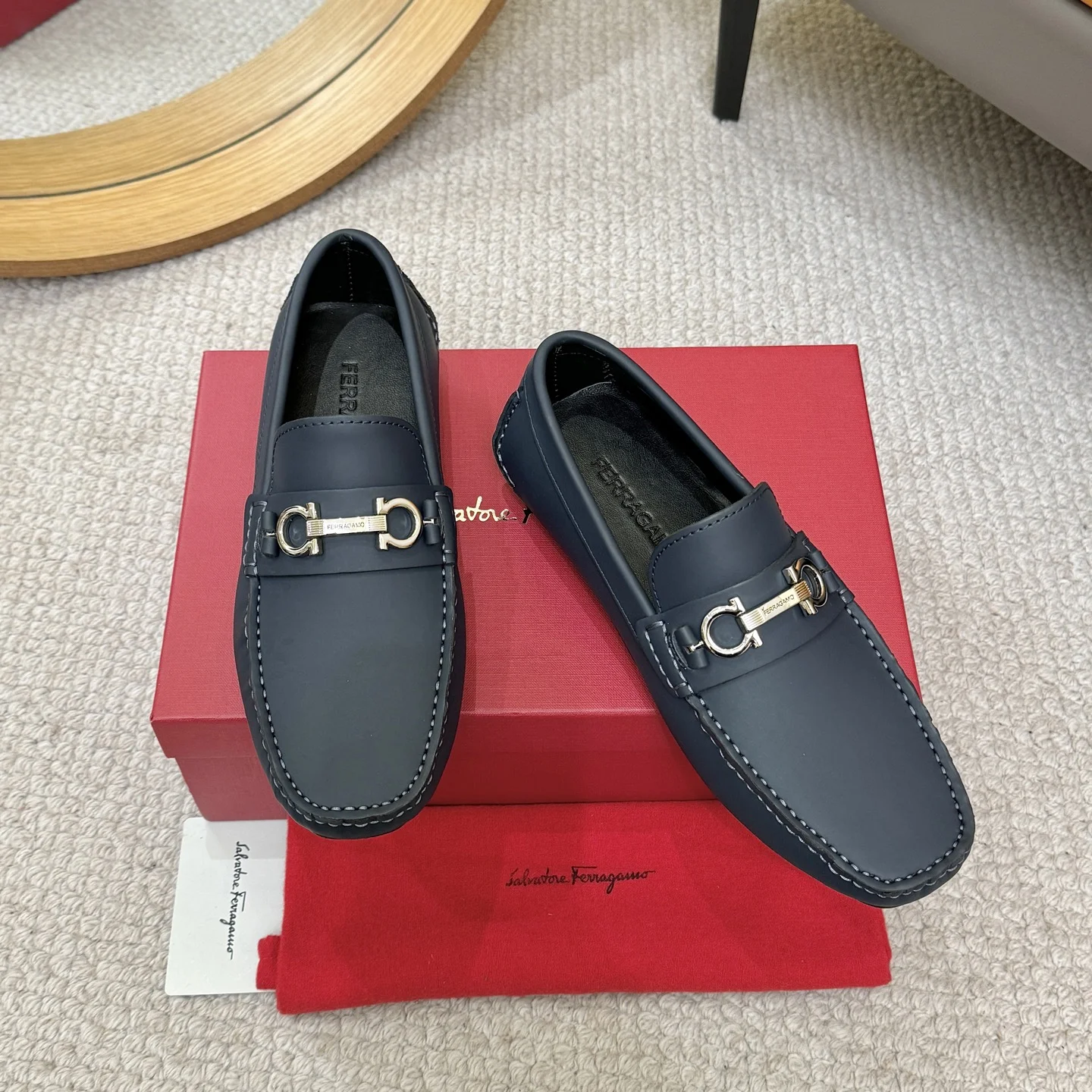 FERRAGAMO Loafers Leather Blue-Gold EU38-46 B00202609110172