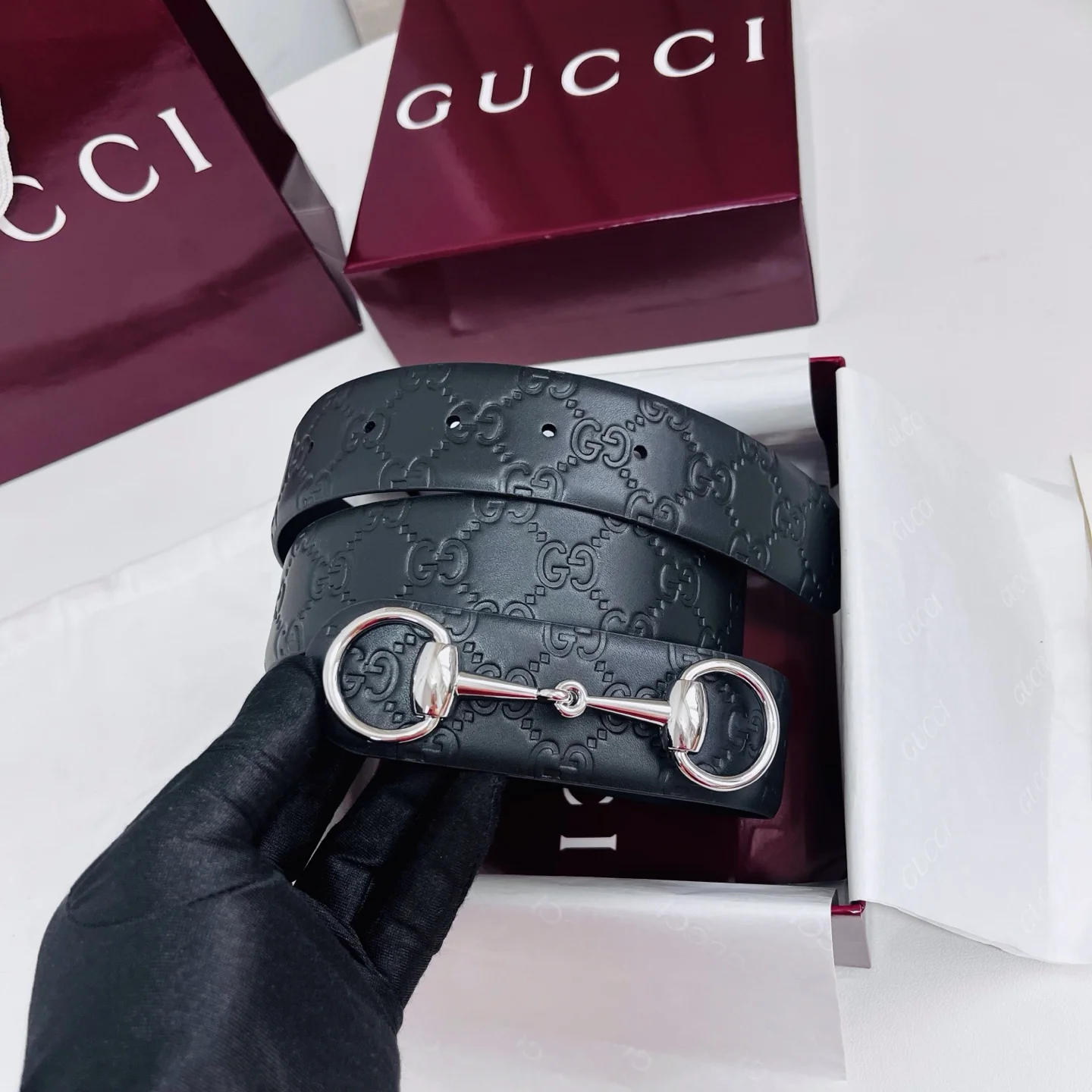GUCCI Belts Calf Leather Black-Silver A60202609070260