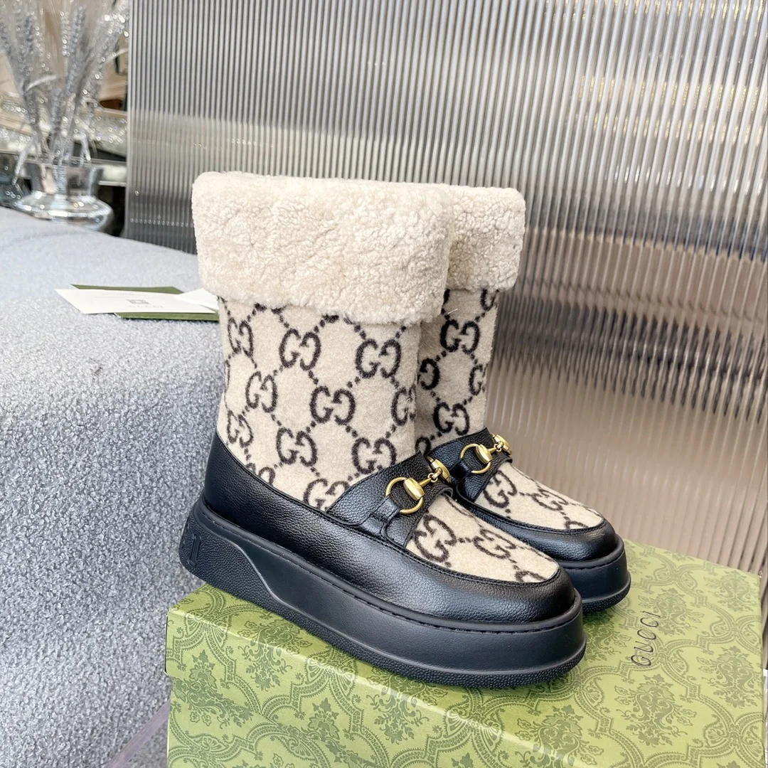 GUCCI Boots Wool Shearling Beige-Black-Gold EU35-42 C40202609111809