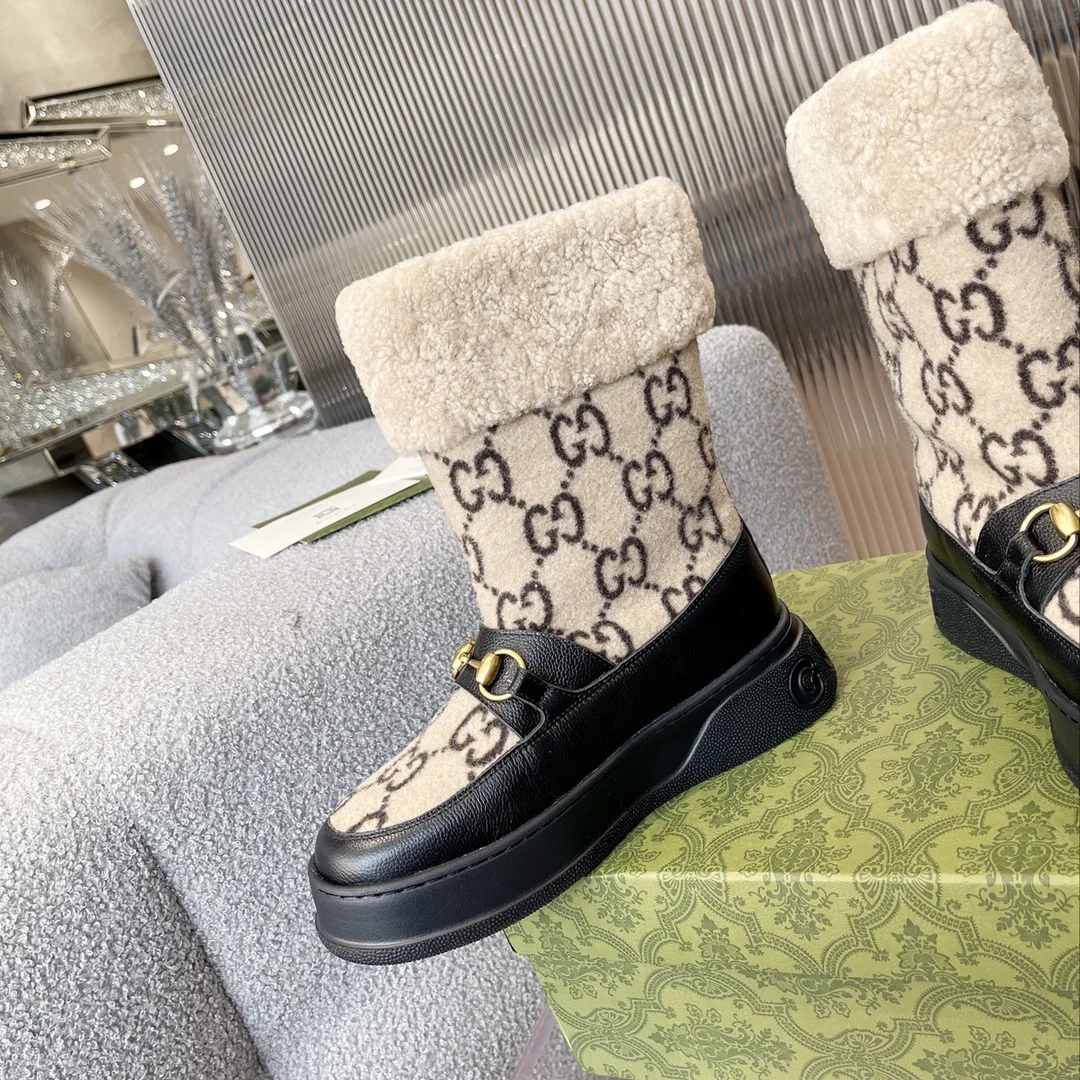 GUCCI Boots Wool Shearling Beige-Black-Gold EU35-42 C40202609111809 - Image 5